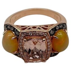 Peach Morganites Yellow White Opal White Diamond Halo Rose Gold Three Stone Ring