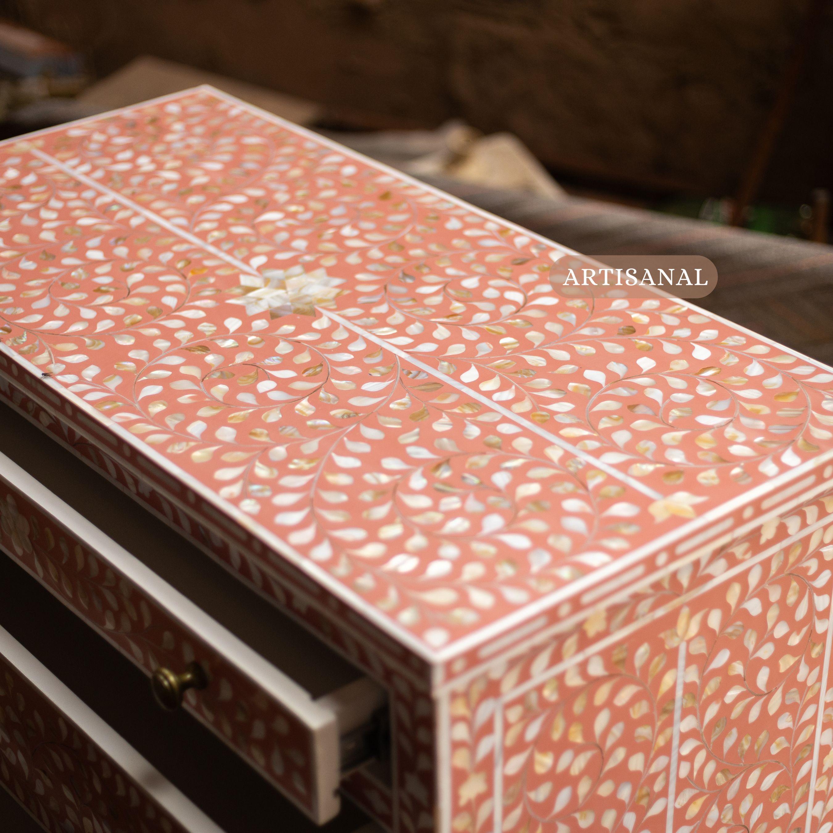 Peach Mother of Pearl Inlay Tallboy Dresser – Floral Elegance by Artisanal For Sale 3