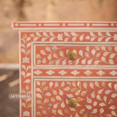 Arabesque Mother of Pearl Inlay Five-Drawer Tallboy - Coral by House of Jaipur