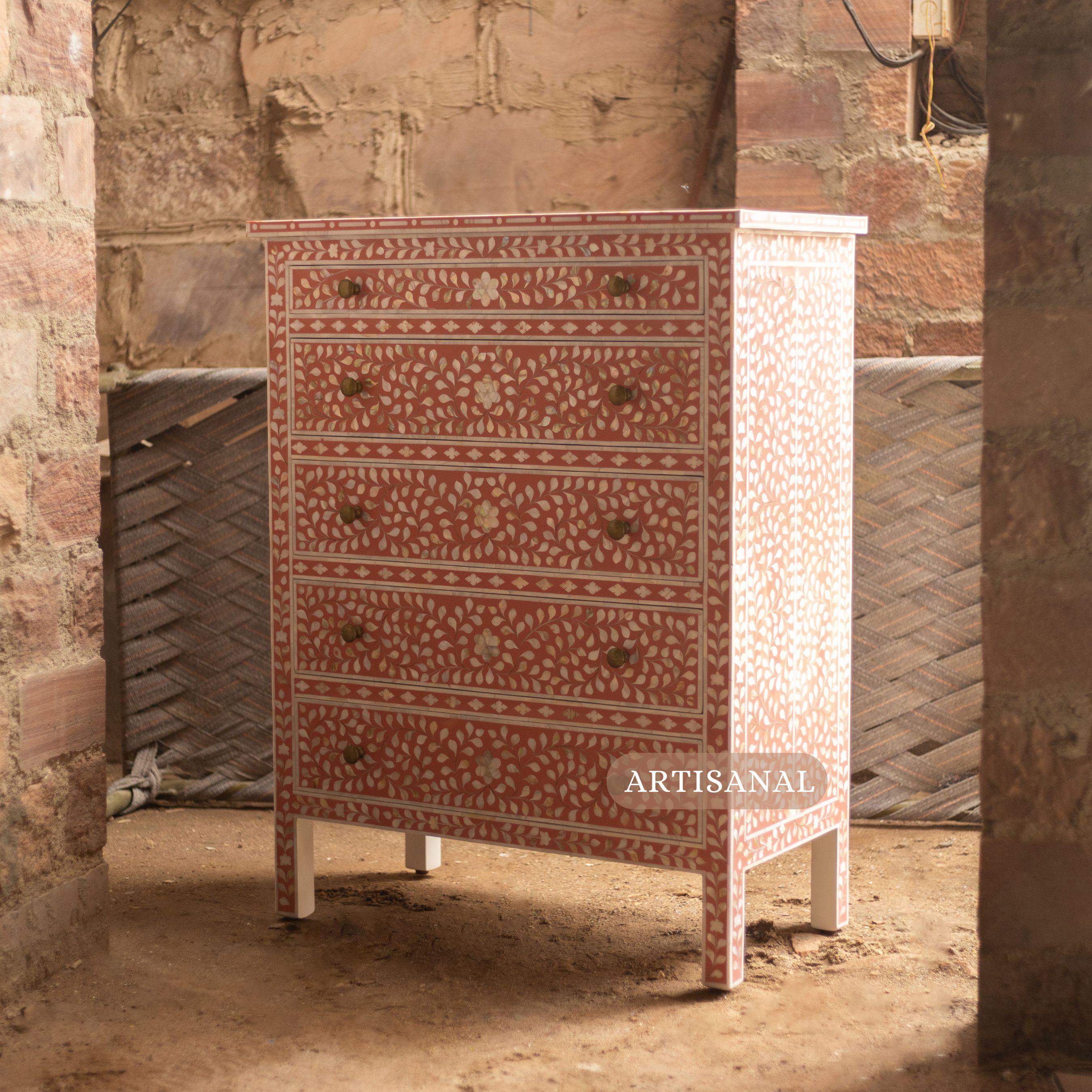 Peach Mother of Pearl Inlay Tallboy Dresser – Floral Elegance by Artisanal In New Condition For Sale In New York, NY