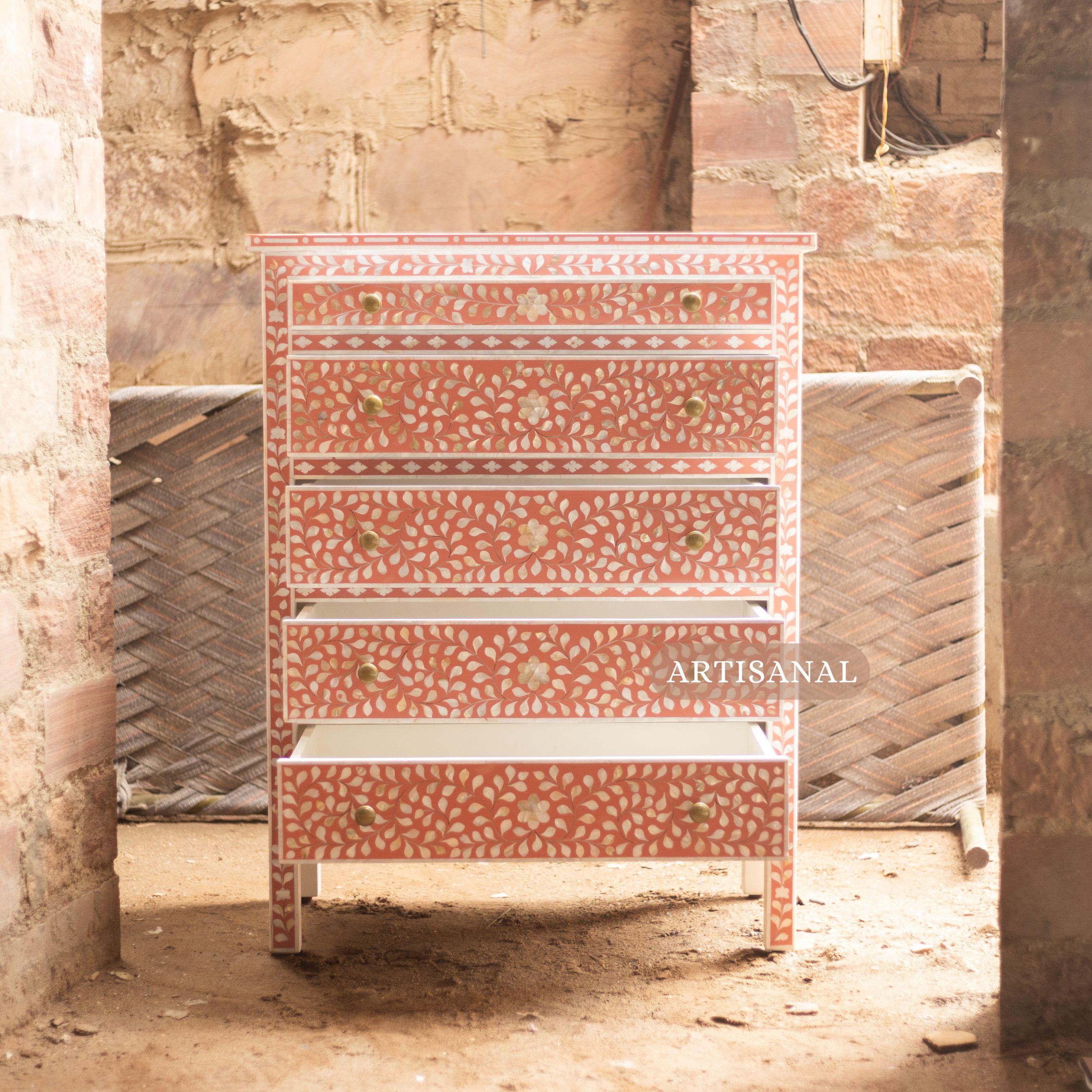 Contemporary Peach Mother of Pearl Inlay Tallboy Dresser – Floral Elegance by Artisanal For Sale