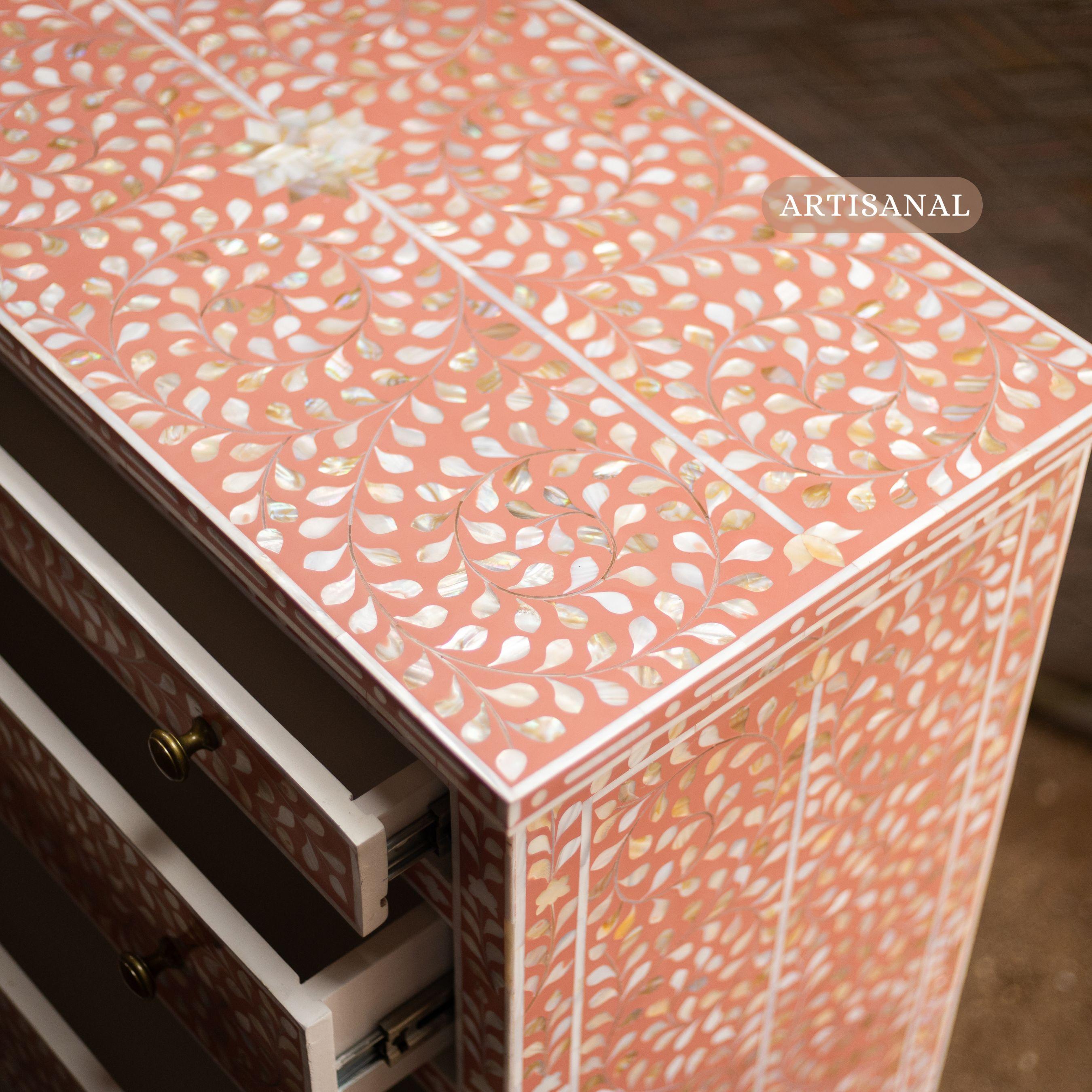 Peach Mother of Pearl Inlay Tallboy Dresser – Floral Elegance by Artisanal For Sale 2