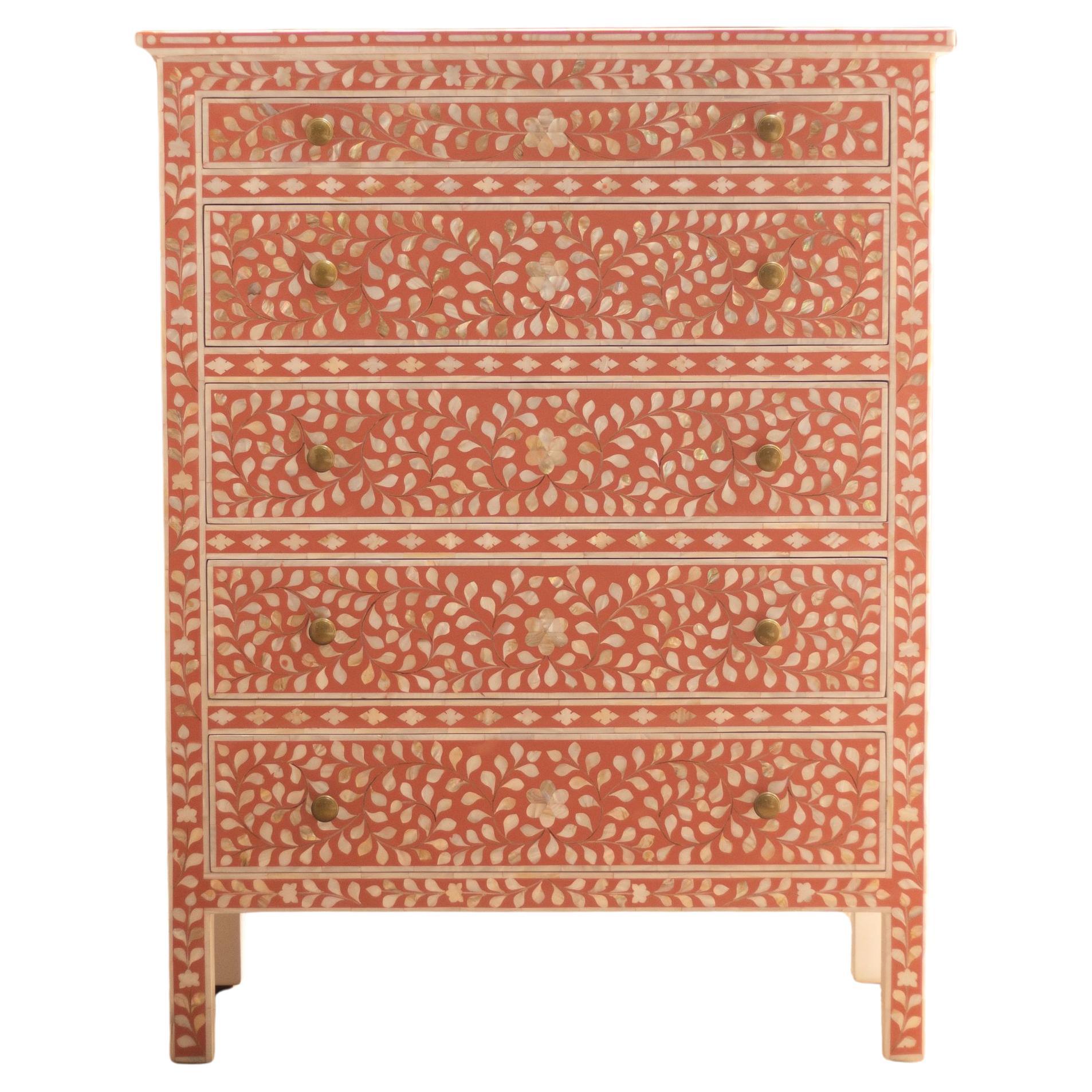 Peach Mother of Pearl Inlay Tallboy Dresser – Floral Elegance by Artisanal