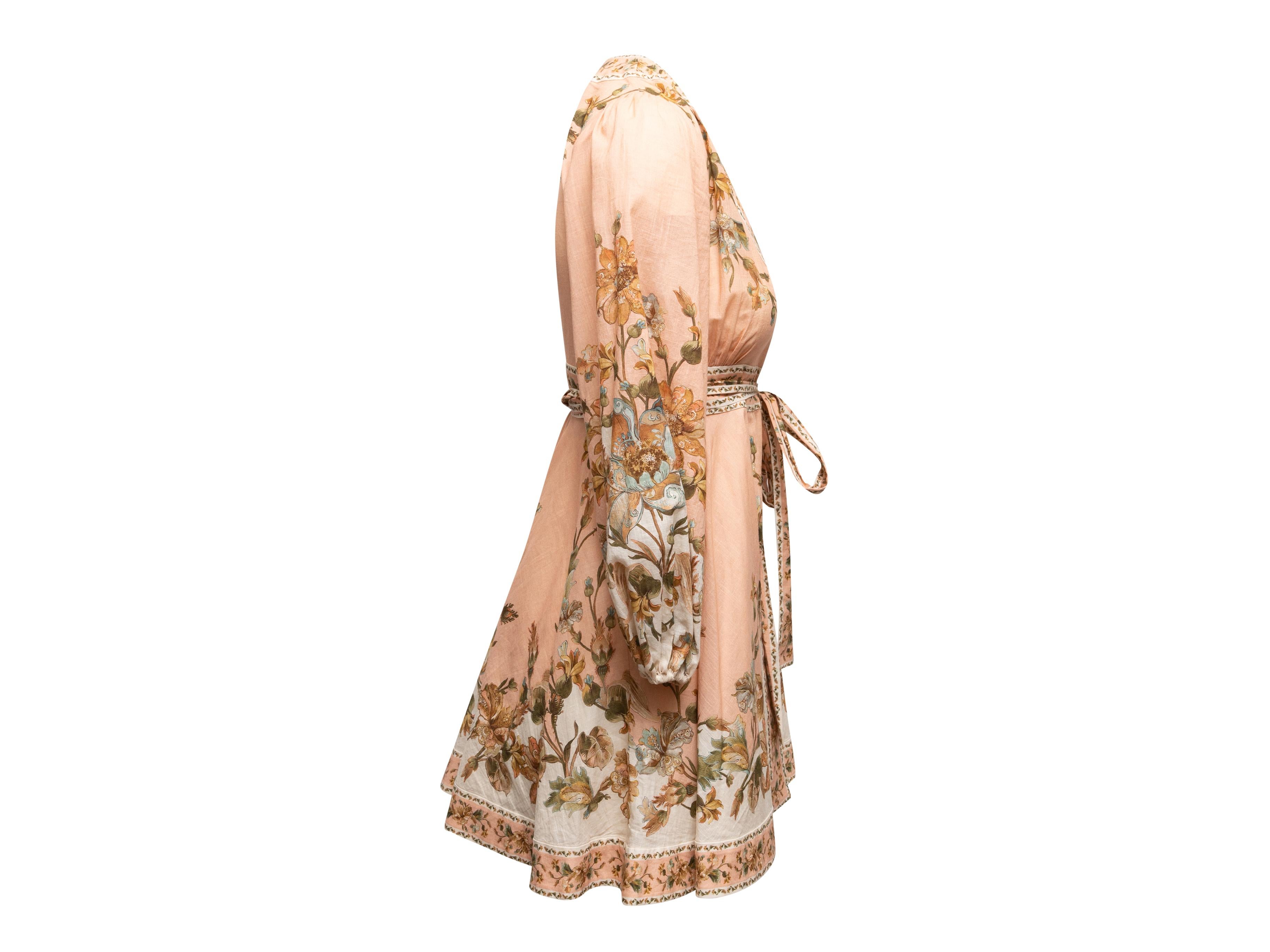 Peach & Multicolor Zimmermann Floral Print Mini Dress Designer Size 0P In Good Condition For Sale In New York, NY