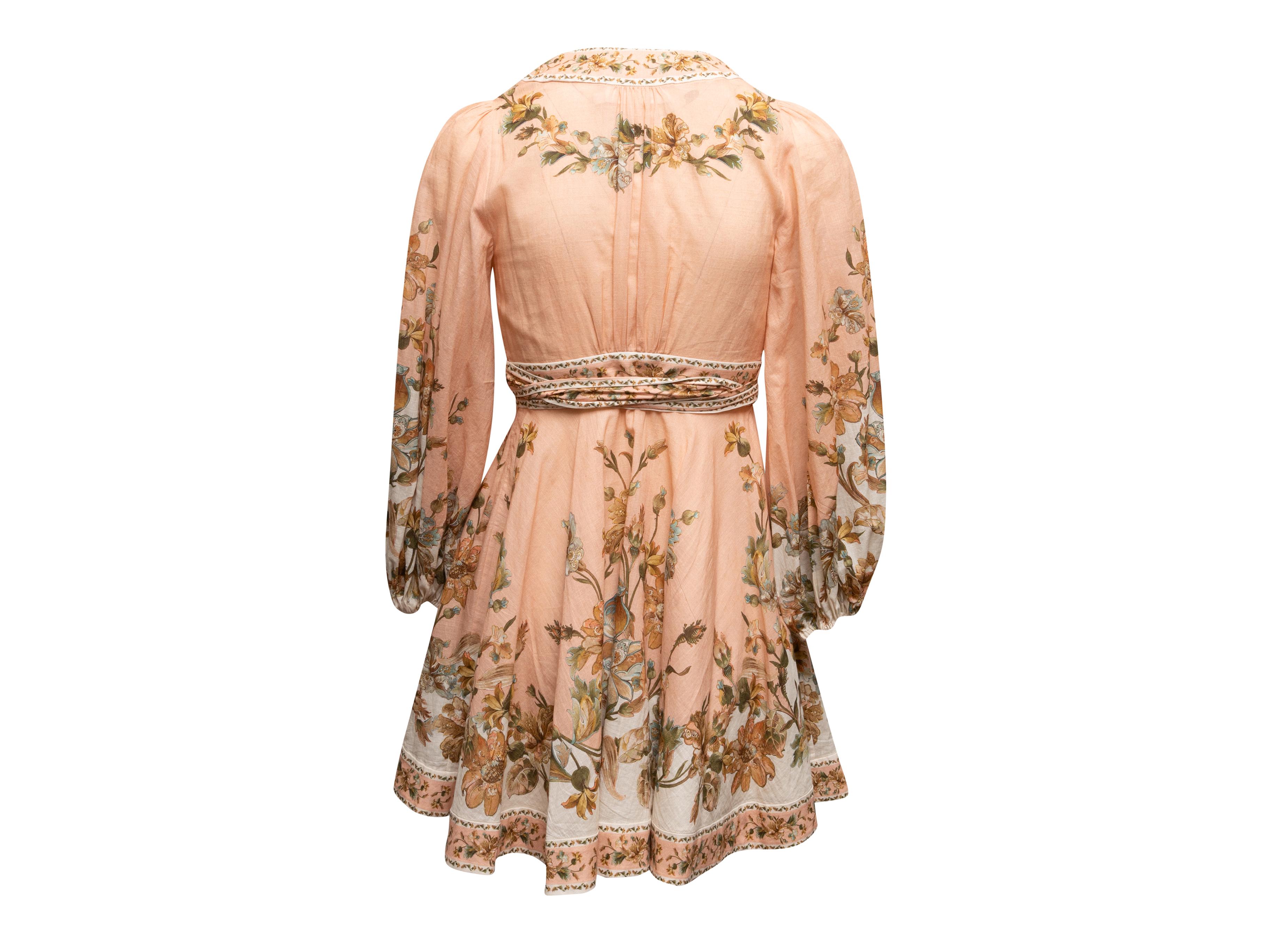 Women's Peach & Multicolor Zimmermann Floral Print Mini Dress Designer Size 0P For Sale