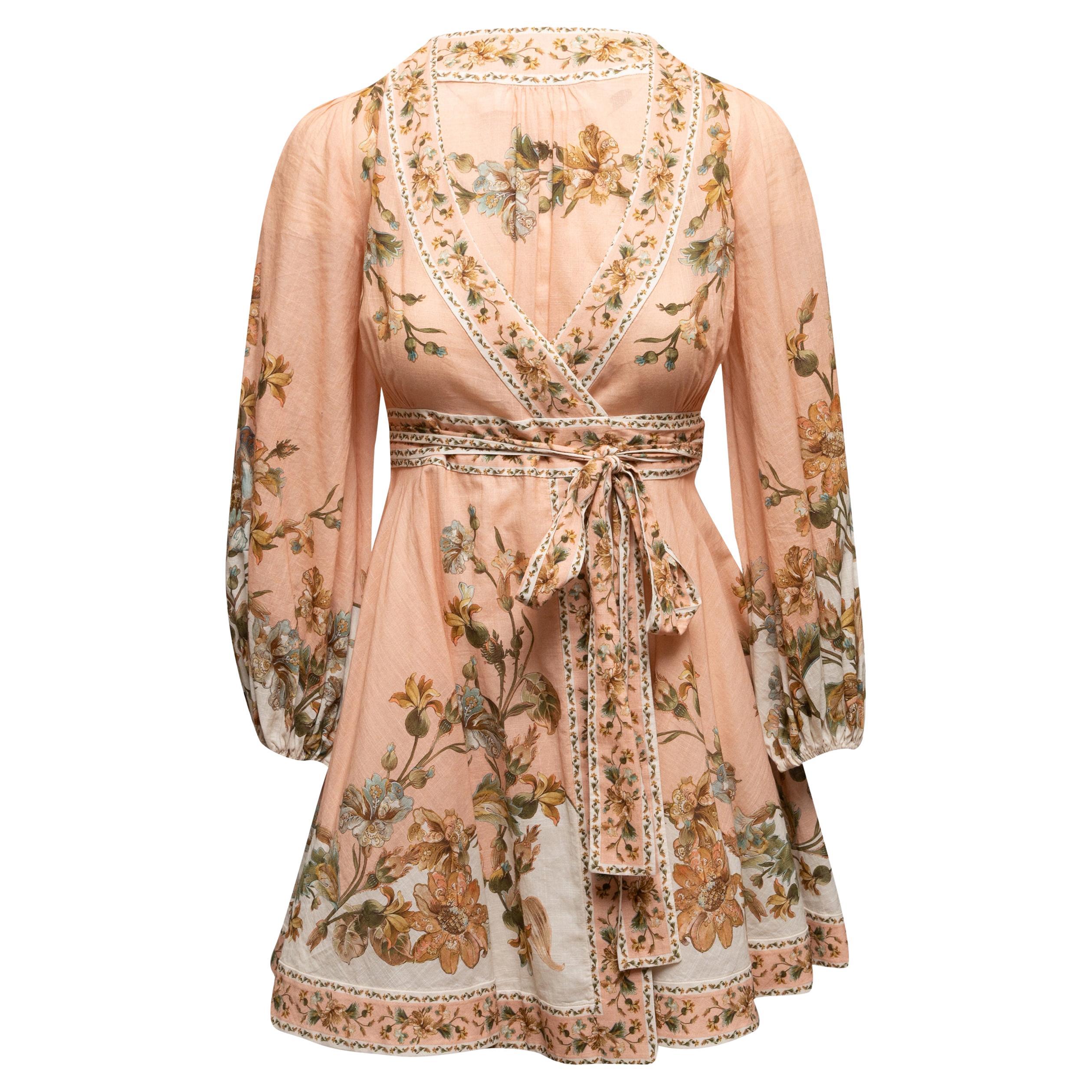 Peach & Multicolor Zimmermann Floral Print Mini Dress Designer Size 0P For Sale