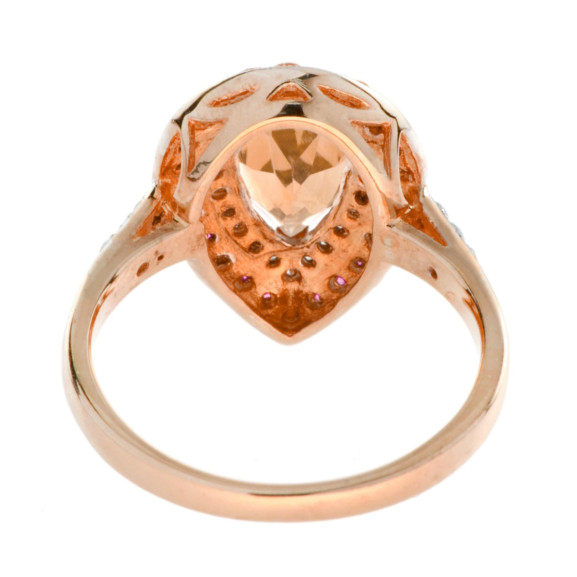 Bague en or rose 14 carats Morganite orange et diamant Rubis en forme de poire Pour femmes en vente