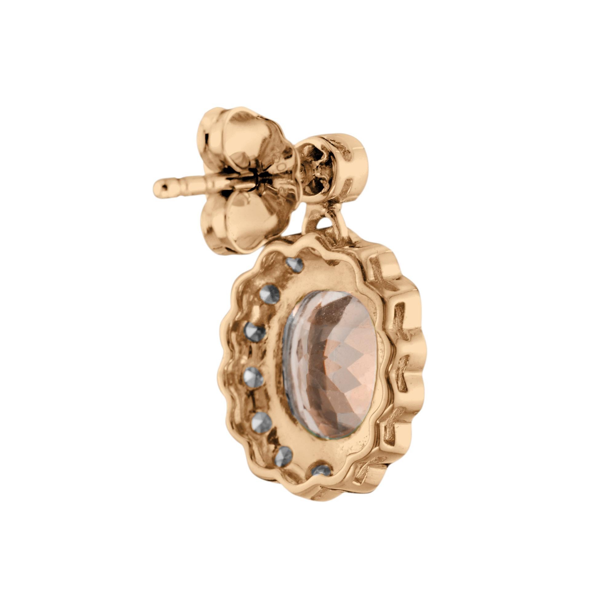 Oval Cut Peach Orange Morganite & Diamond Vintage Style Drop 14K Rose Gold Earrings For Sale