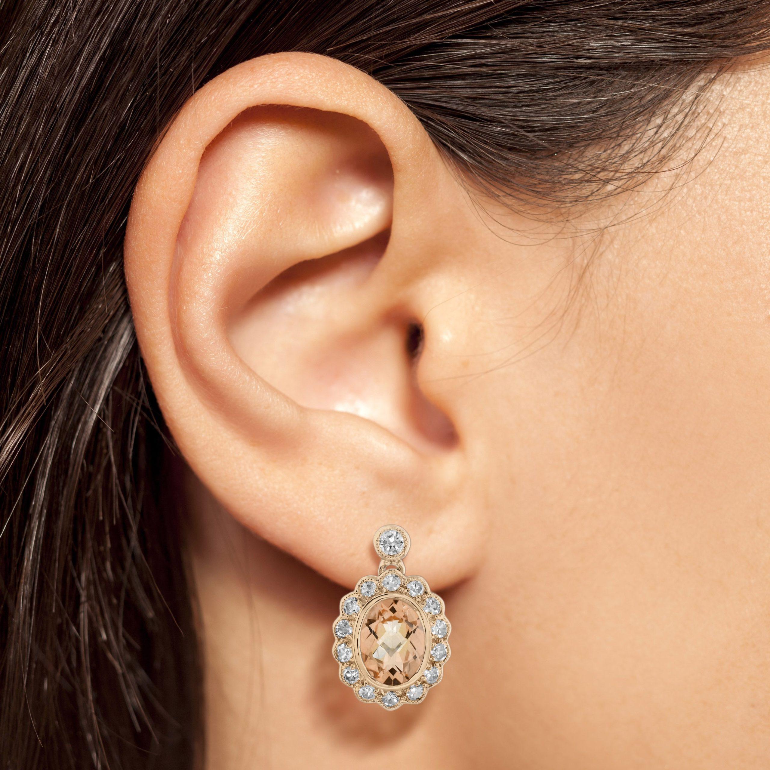 Women's Peach Orange Morganite & Diamond Vintage Style Drop 14K Rose Gold Earrings For Sale