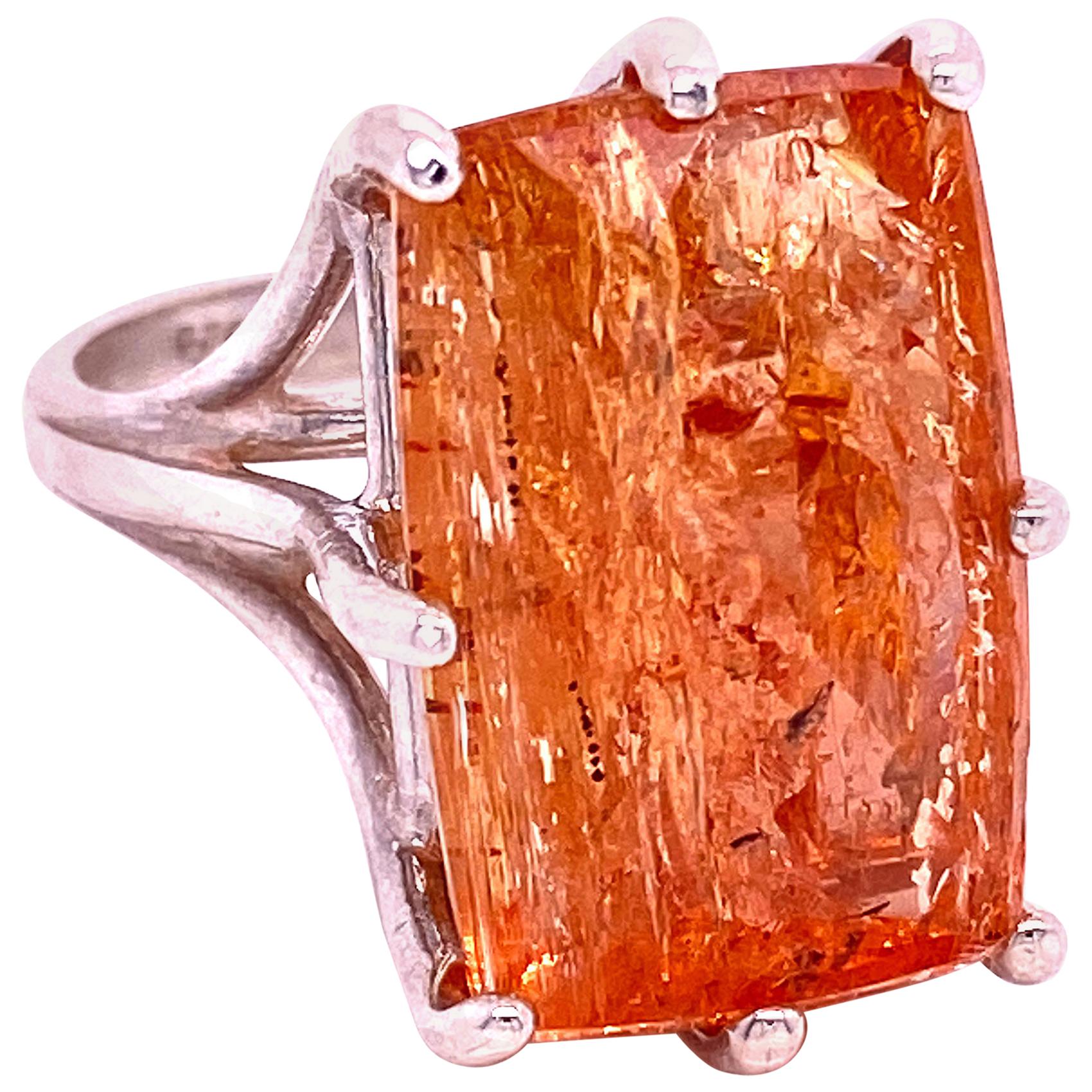AJD Peach-Orange Rectangular Imperial Topaz in Sterling Silver Ring