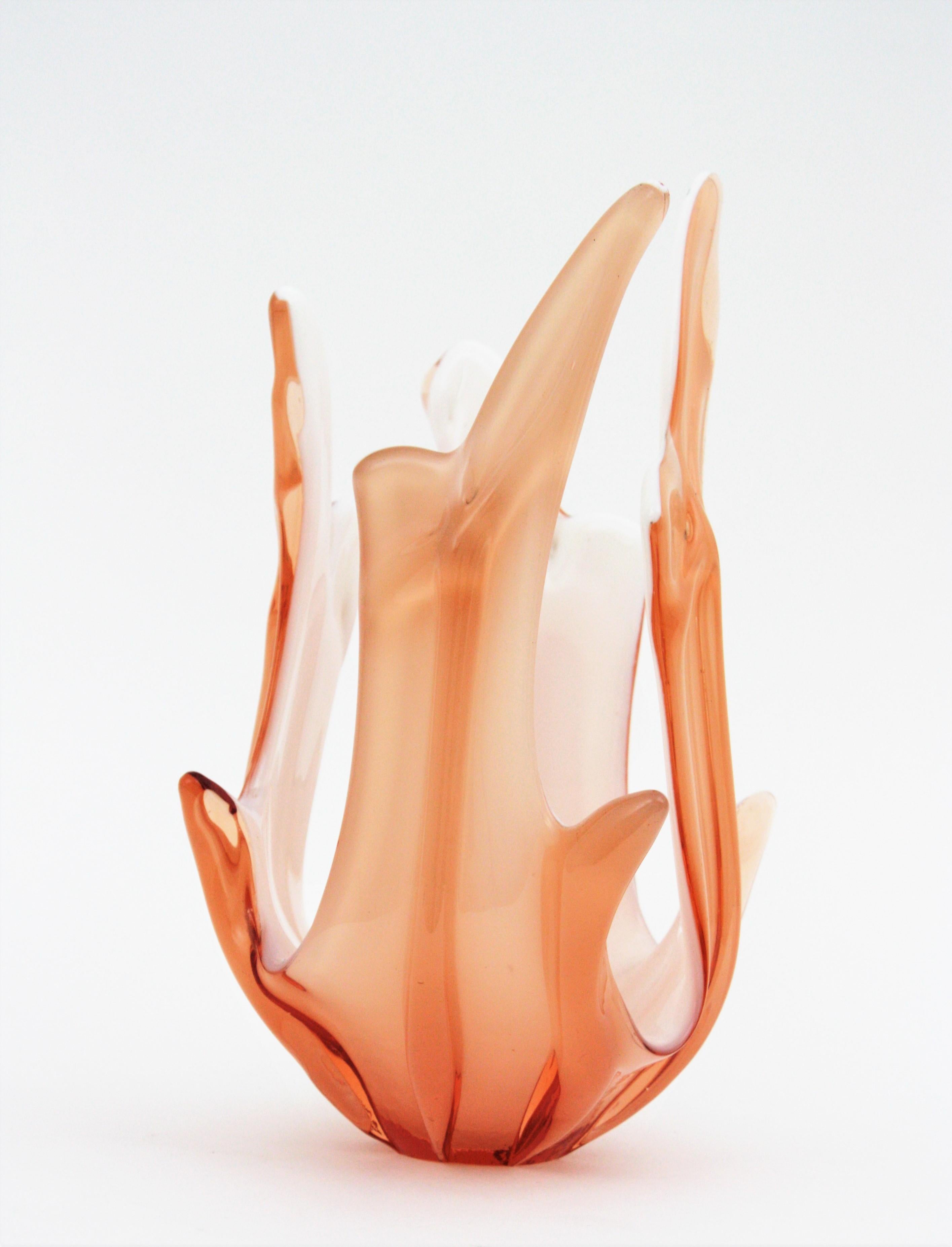 Mid-Century Modern Murano Peach Pink and Opal White Art Glass Centerpiece Vase