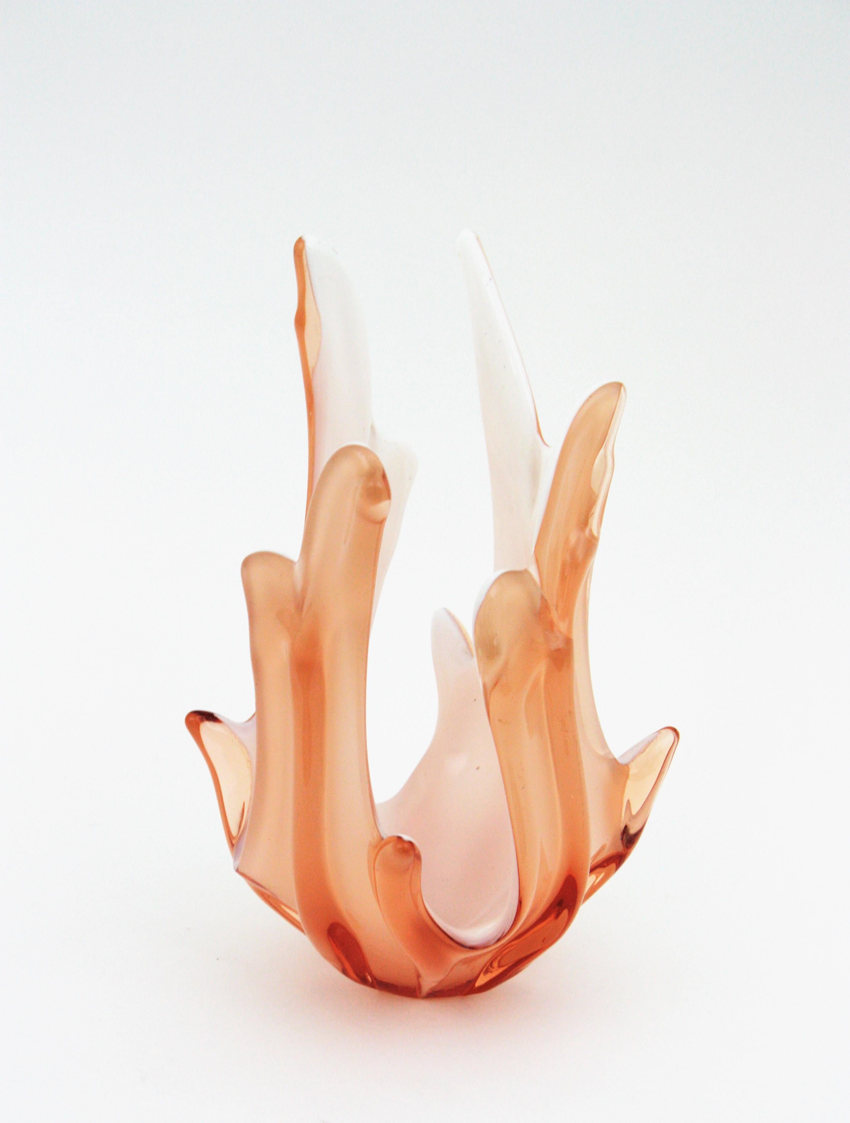 20th Century Murano Peach Pink and Opal White Art Glass Centerpiece Vase