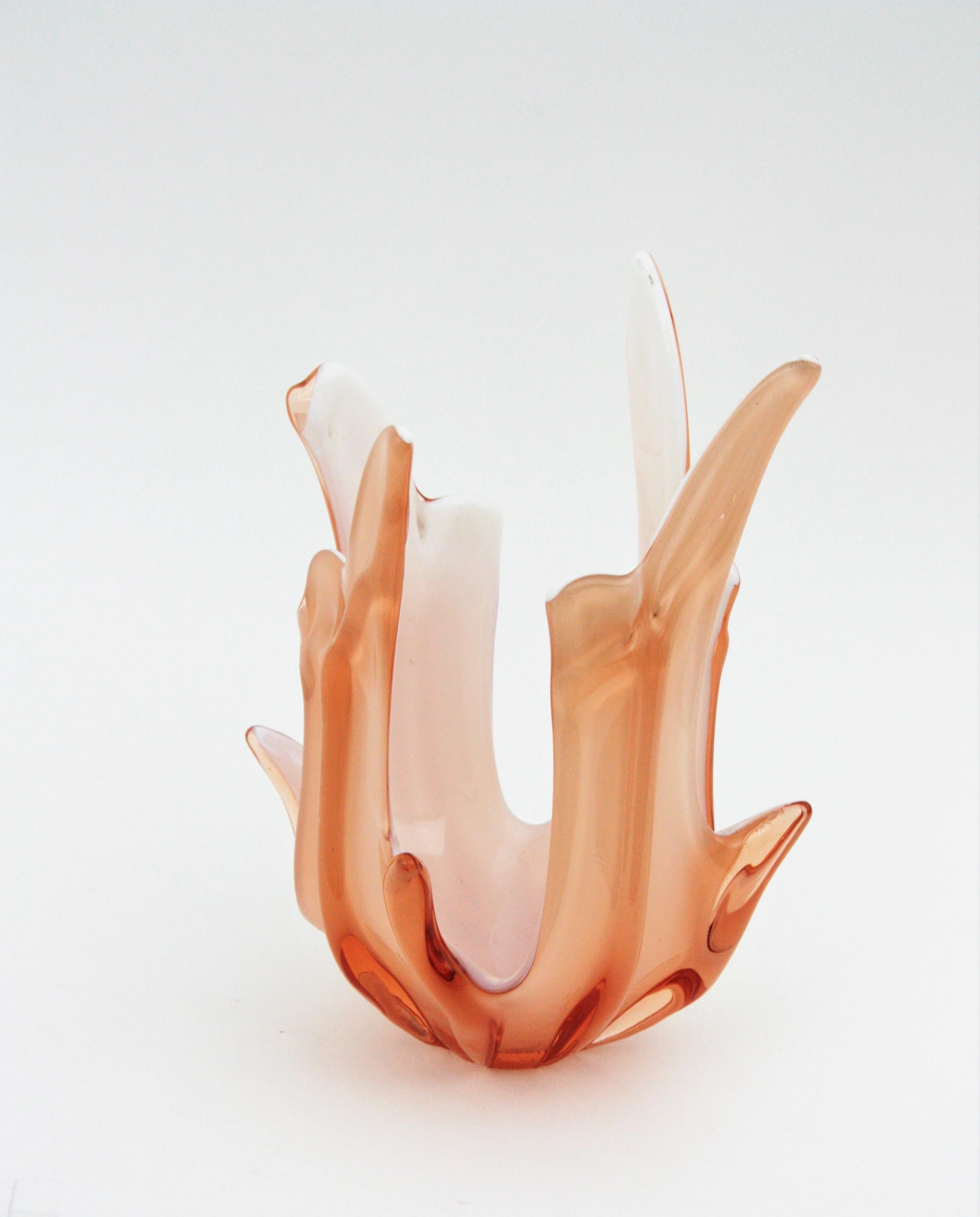 Murano Glass Murano Peach Pink and Opal White Art Glass Centerpiece Vase