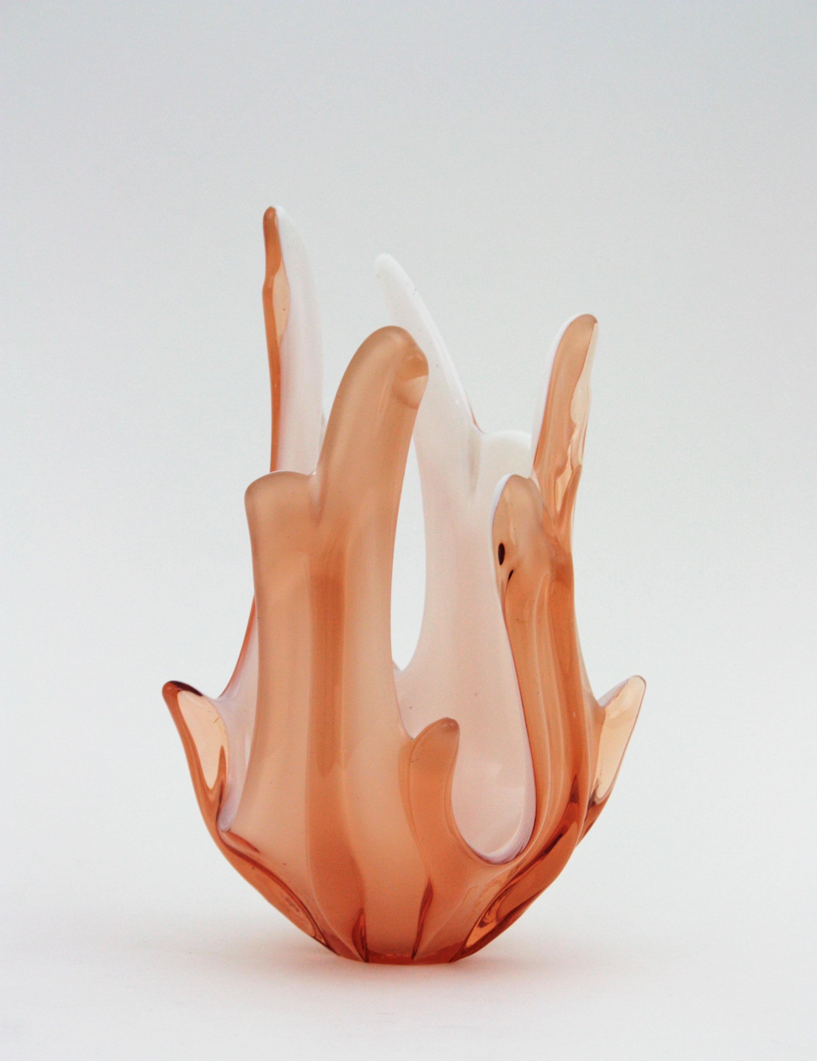 Murano Peach Pink and Opal White Art Glass Centerpiece Vase 2