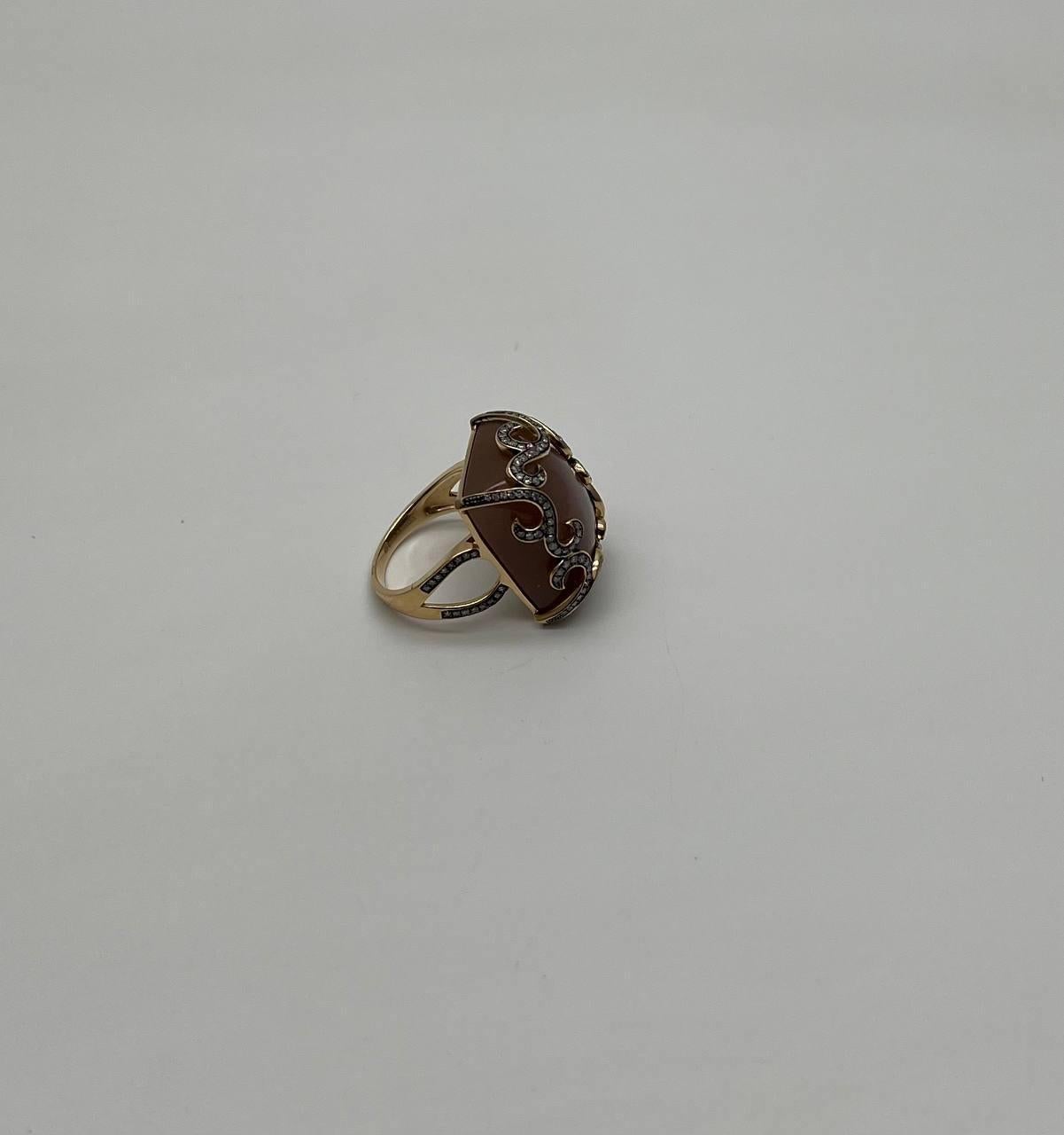 Peach Pink Moonstone Diamonds Halo Scroll 14K Yellow Gold Statement Ring For Sale 6