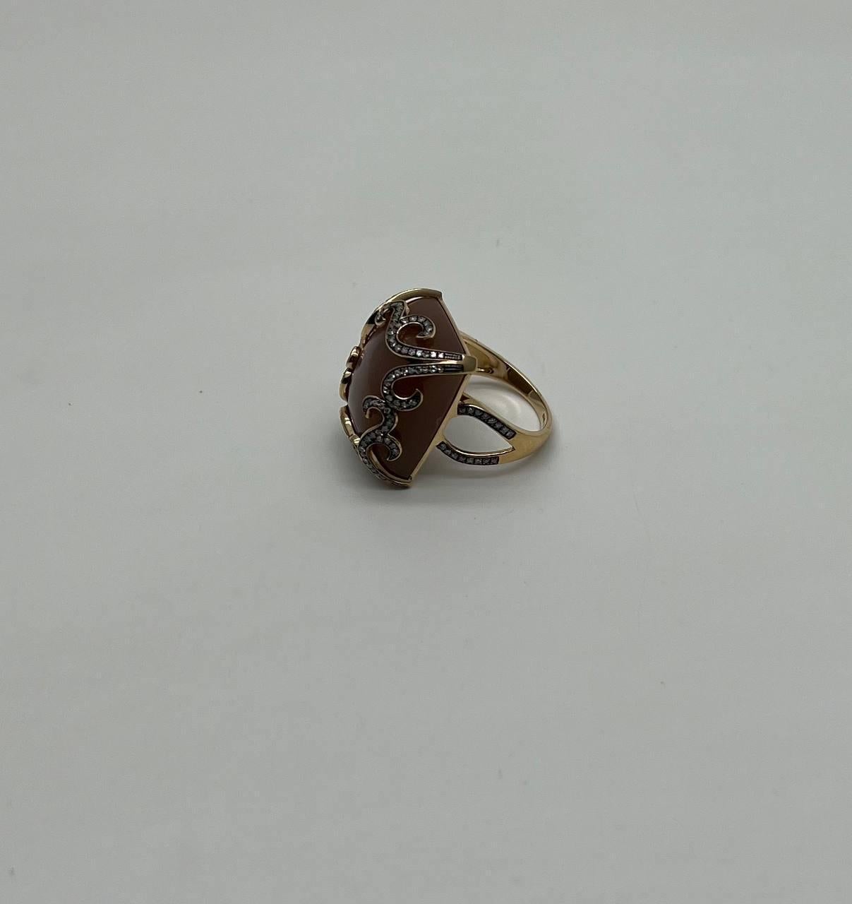 Peach Pink Moonstone Diamonds Halo Scroll 14K Yellow Gold Statement Ring For Sale 7
