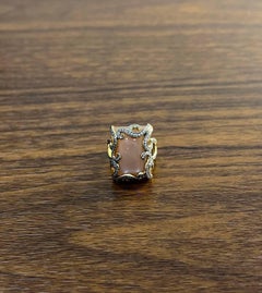 Peach Pink Moonstone Diamonds Halo Scroll 14K Yellow Gold Statement Ring