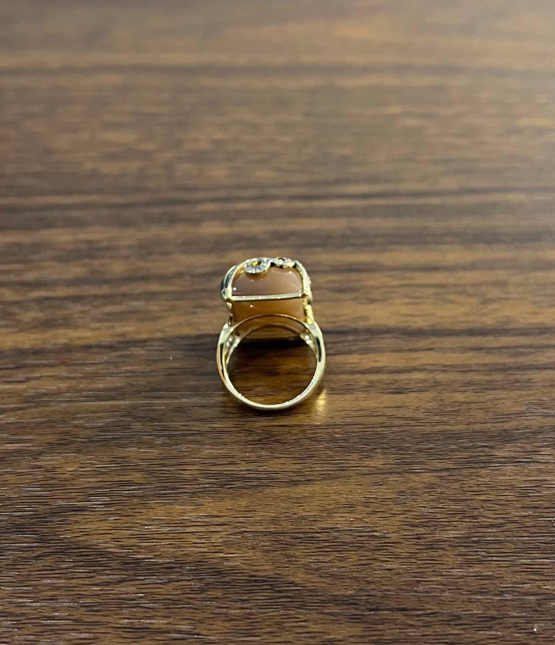 Peach Pink Moonstone Diamonds Halo Scroll 14K Yellow Gold Statement Ring For Sale 1