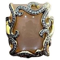 Peach Pink Moonstone Diamonds Halo Scroll 14K Yellow Gold Statement Ring