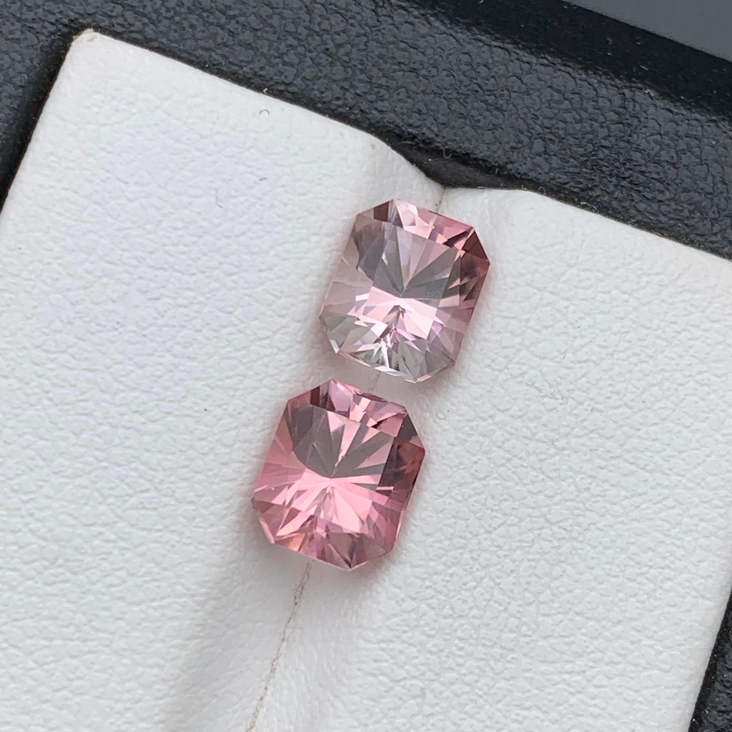 Paar pfirsichfarbene & rosa natürliche Turmalin-Edelsteine, 3,80 Karat, achteckige Smaragdschliff-Ring, Smaragdschliff für Damen oder Herren im Angebot