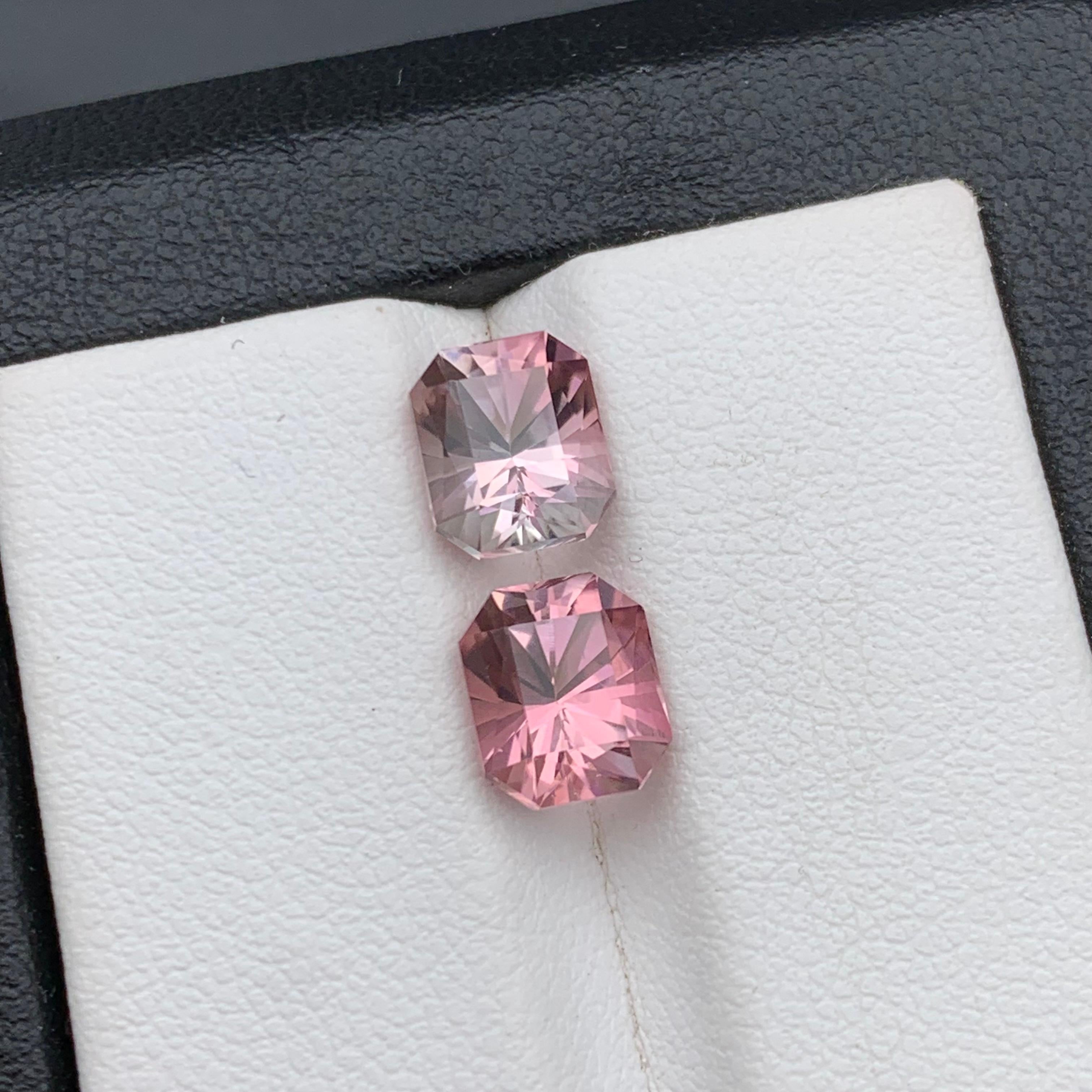 Paar pfirsichfarbene & rosa natürliche Turmalin-Edelsteine, 3,80 Karat, achteckige Smaragdschliff-Ring, Smaragdschliff im Angebot 2