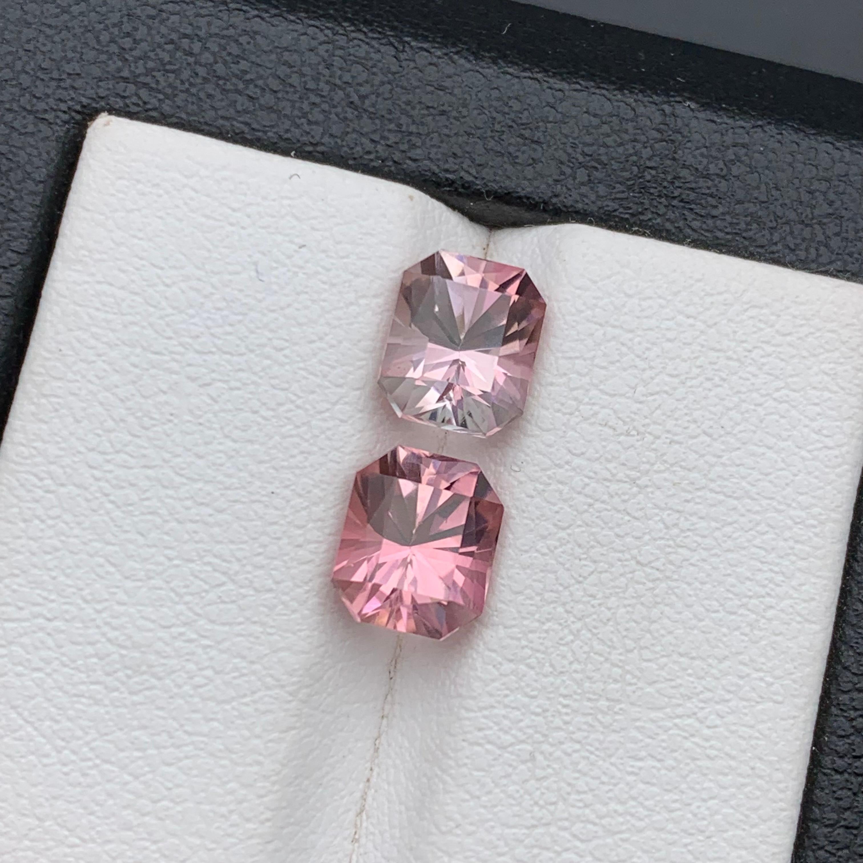 Paar pfirsichfarbene & rosa natürliche Turmalin-Edelsteine, 3,80 Karat, achteckige Smaragdschliff-Ring, Smaragdschliff im Angebot 3