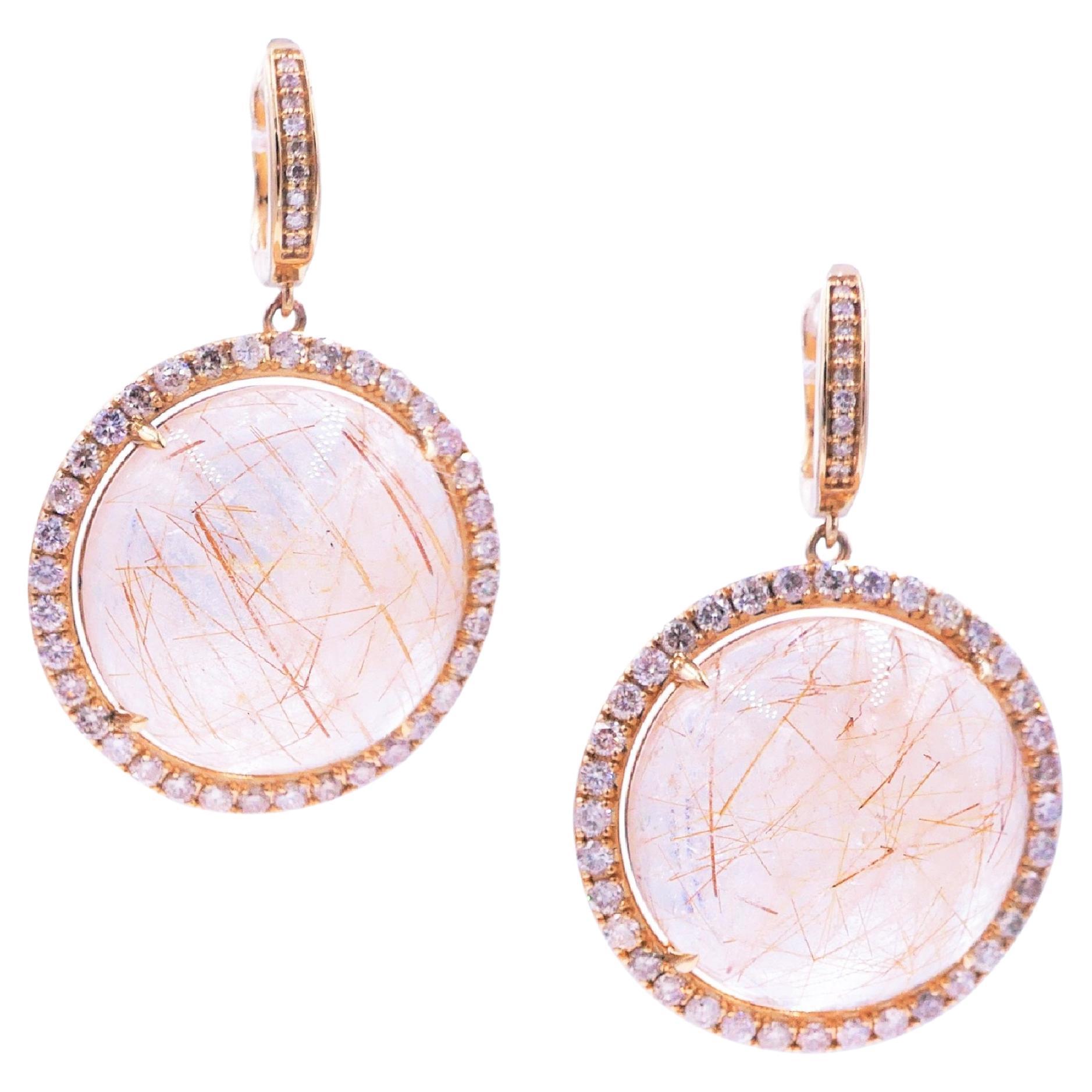 Art Deco Peach Pink Rutilated Quartz Round Cabochon Diamonds Halo Drop 14k Gold Earrings For Sale