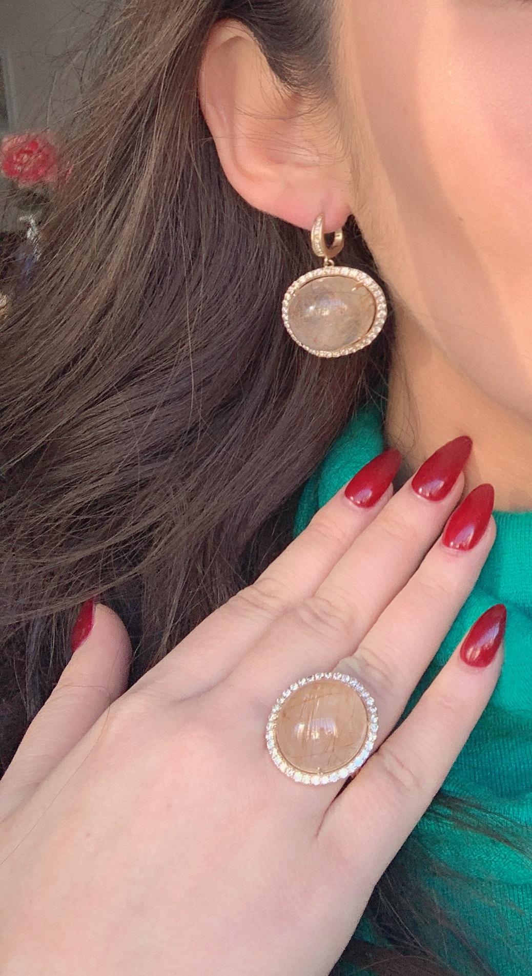 Peach Pink Rutilated Quartz Round Cabochon Diamonds Halo Drop 14k Gold Earrings In New Condition For Sale In Oakton, VA