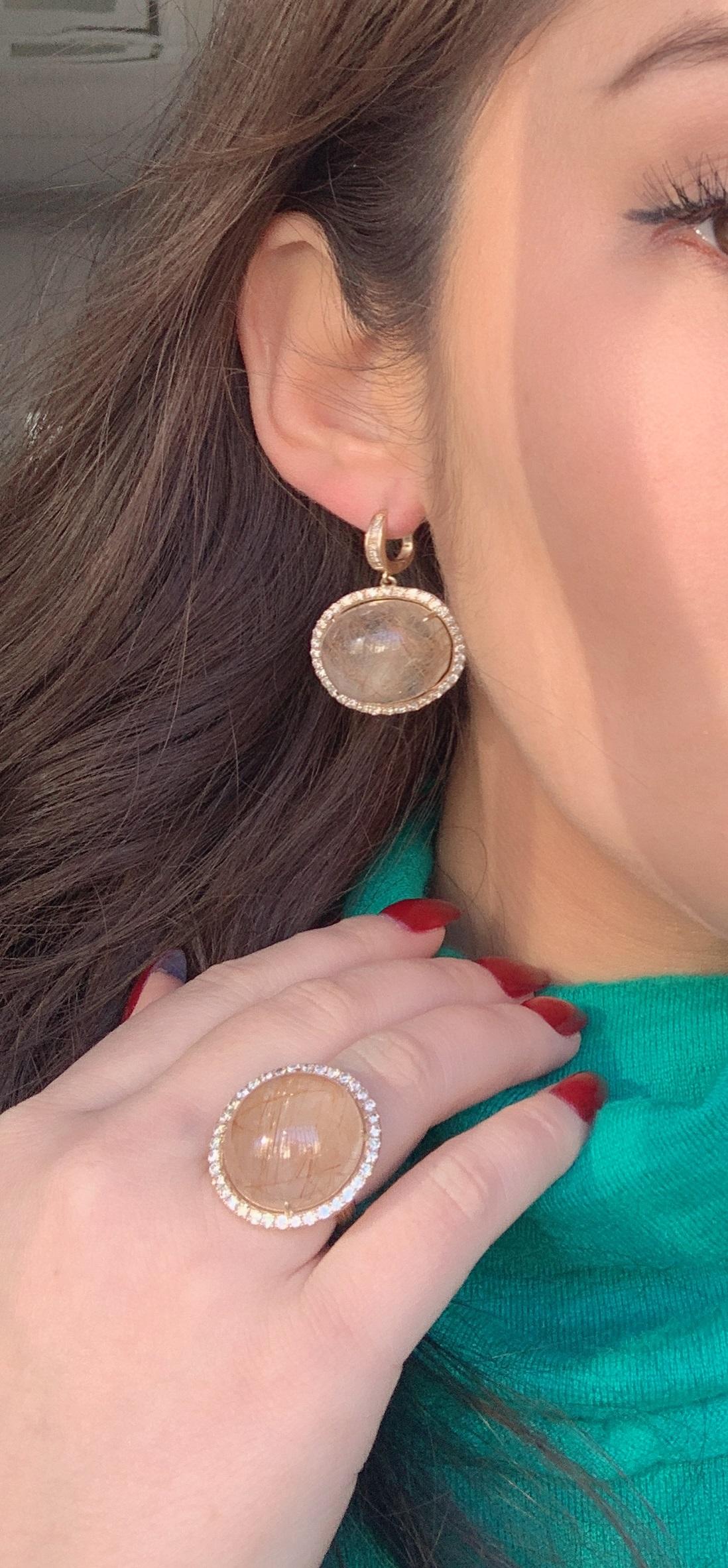 Women's Peach Pink Rutilated Quartz Round Cabochon Diamonds Halo Drop 14k Gold Earrings For Sale