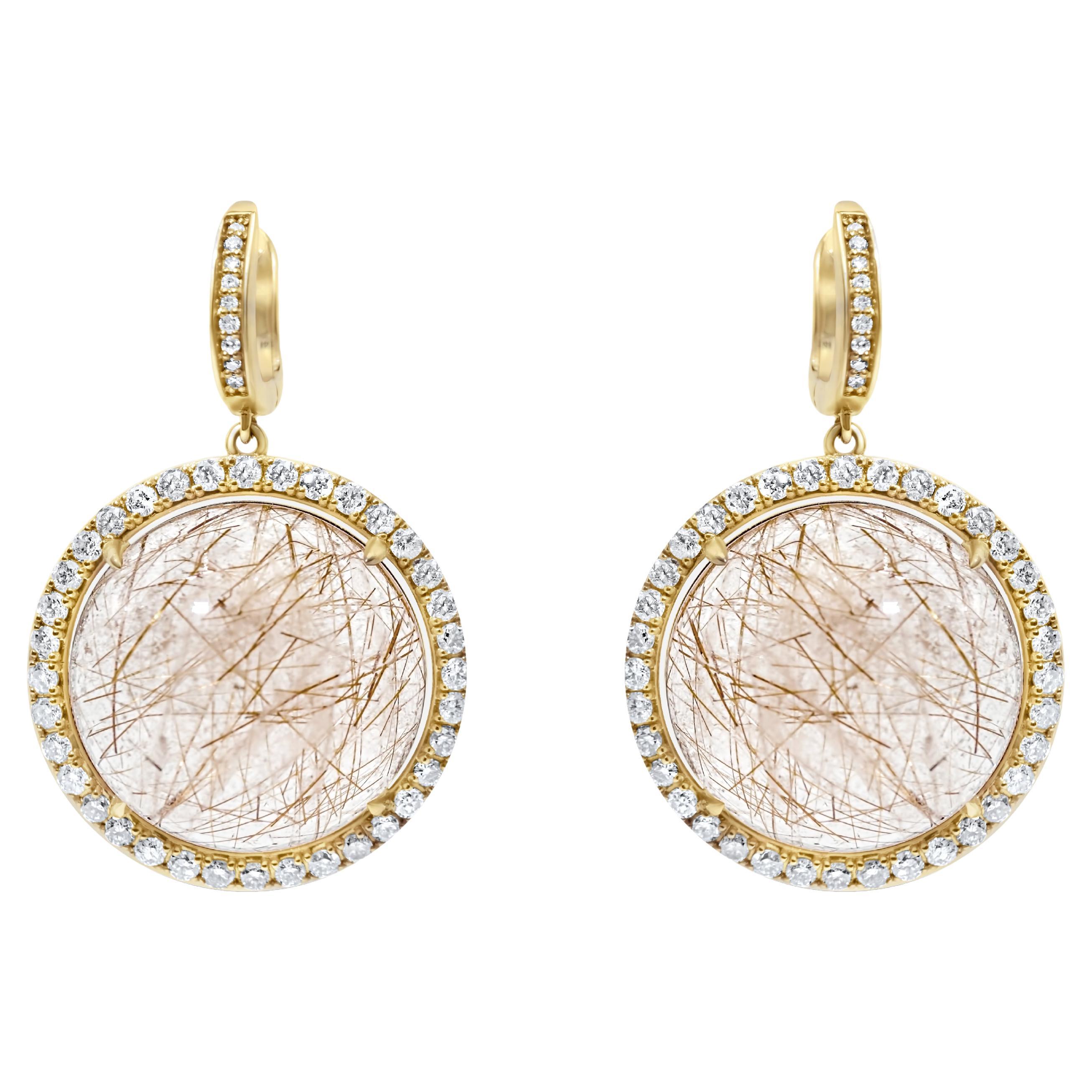 Peach Pink Rutilated Quartz Round Cabochon Diamonds Halo Drop 14k Gold Earrings For Sale