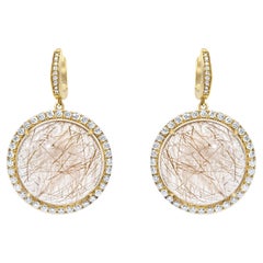 Peach Pink Rutilated Quartz Round Cabochon Diamonds Halo Drop 14k Gold Earrings
