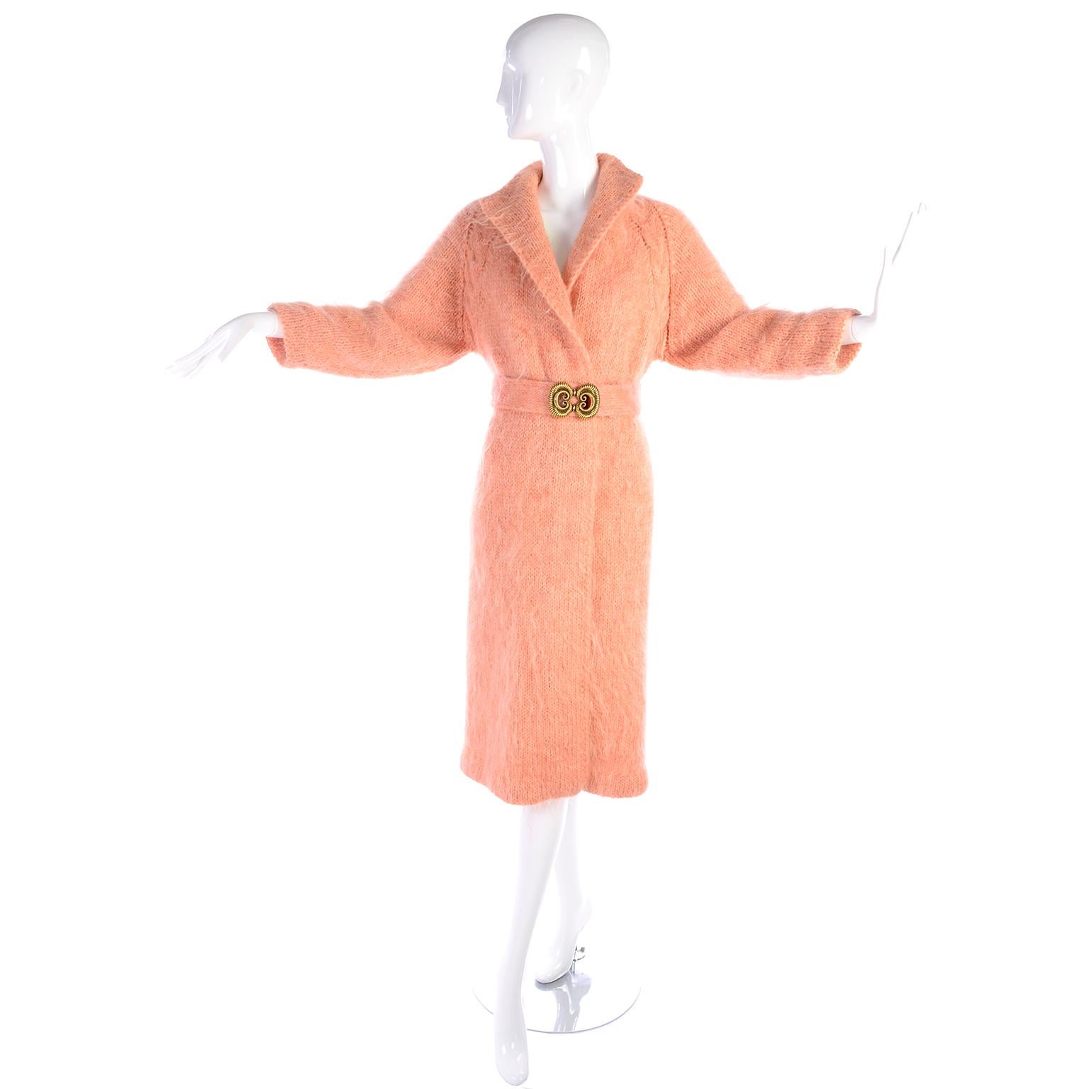 Peach Pink Vintage Mohair Coat With Belt and Decorative Bronze Clasp In Good Condition In Portland, OR