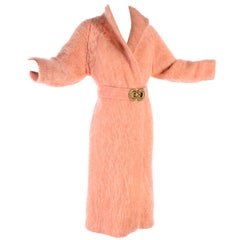 Peach Pink Vintage Mohair Coat With Belt and Decorative Bronze Clasp