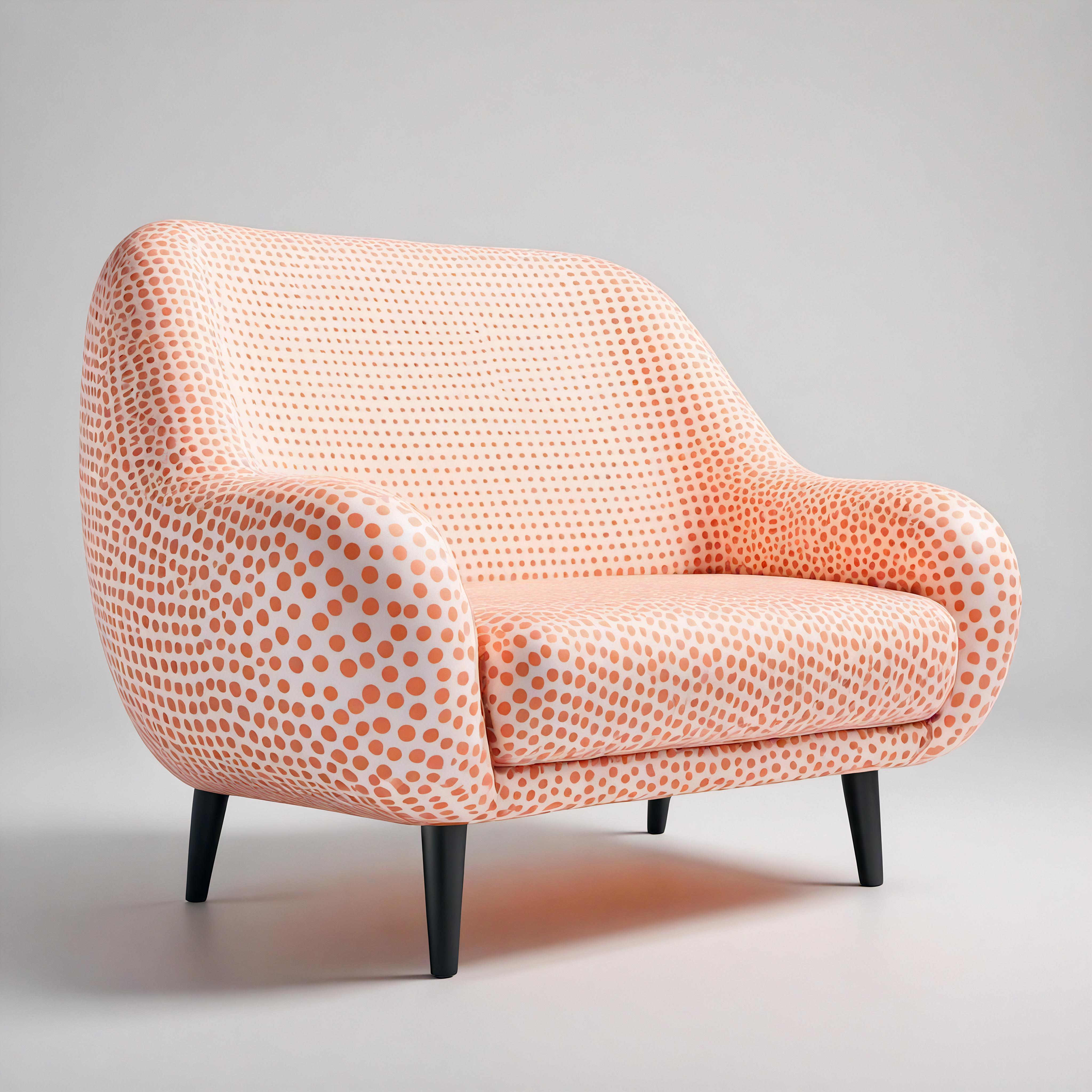 Unser von Yayoi Kusama inspirierter Loungesessel ist eine einzigartige Verschmelzung von zeitgenössischem Design und traditioneller Handwerkskunst. Dieser auffallend weiße Stuhl ist mit verspielten pfirsichfarbenen Tupfen verziert und fängt die