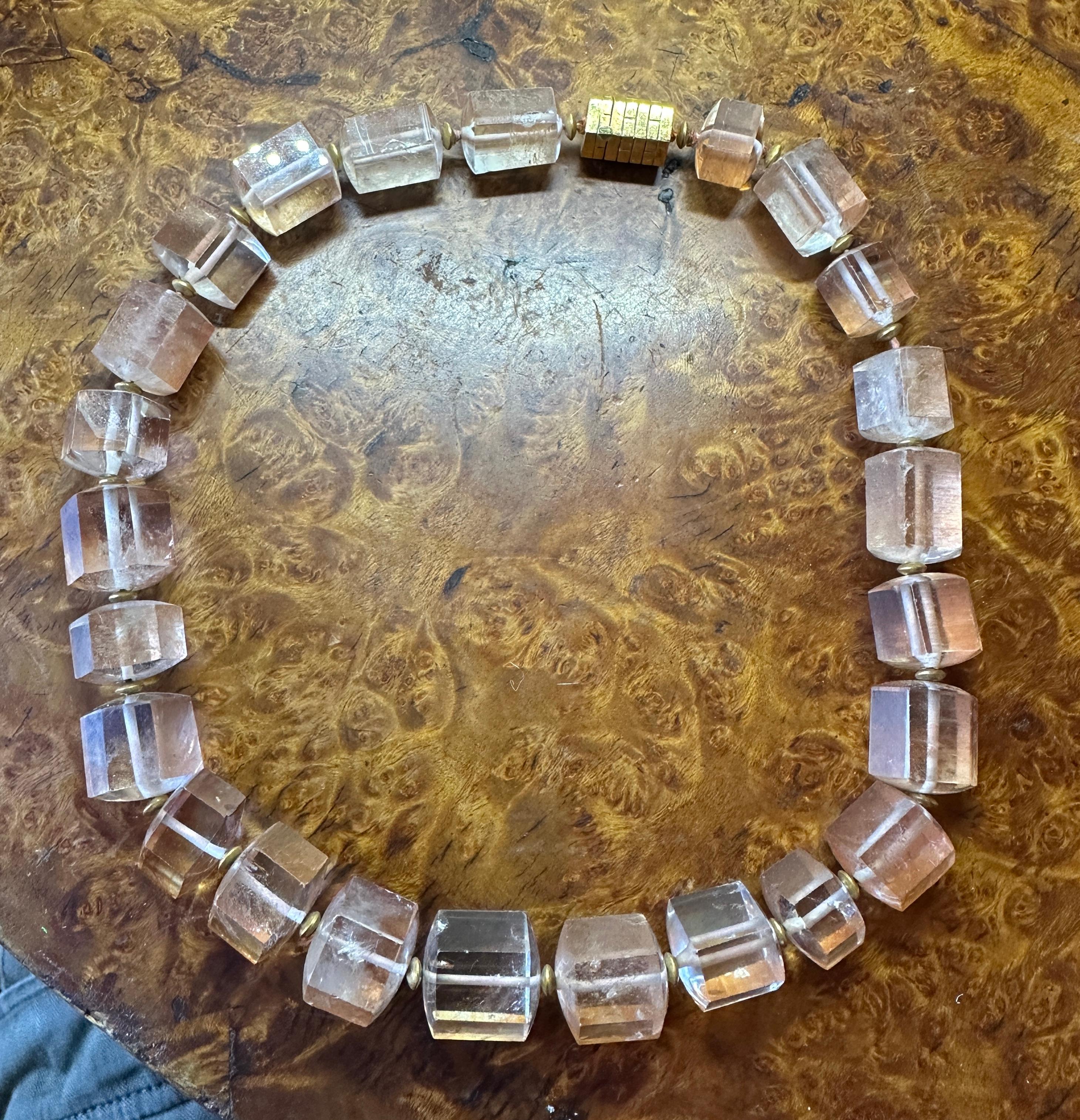 Hexagon Cut Peach Quartz Necklace 14 Karat Gold Monumental Gorgeous 18.5 Inches For Sale