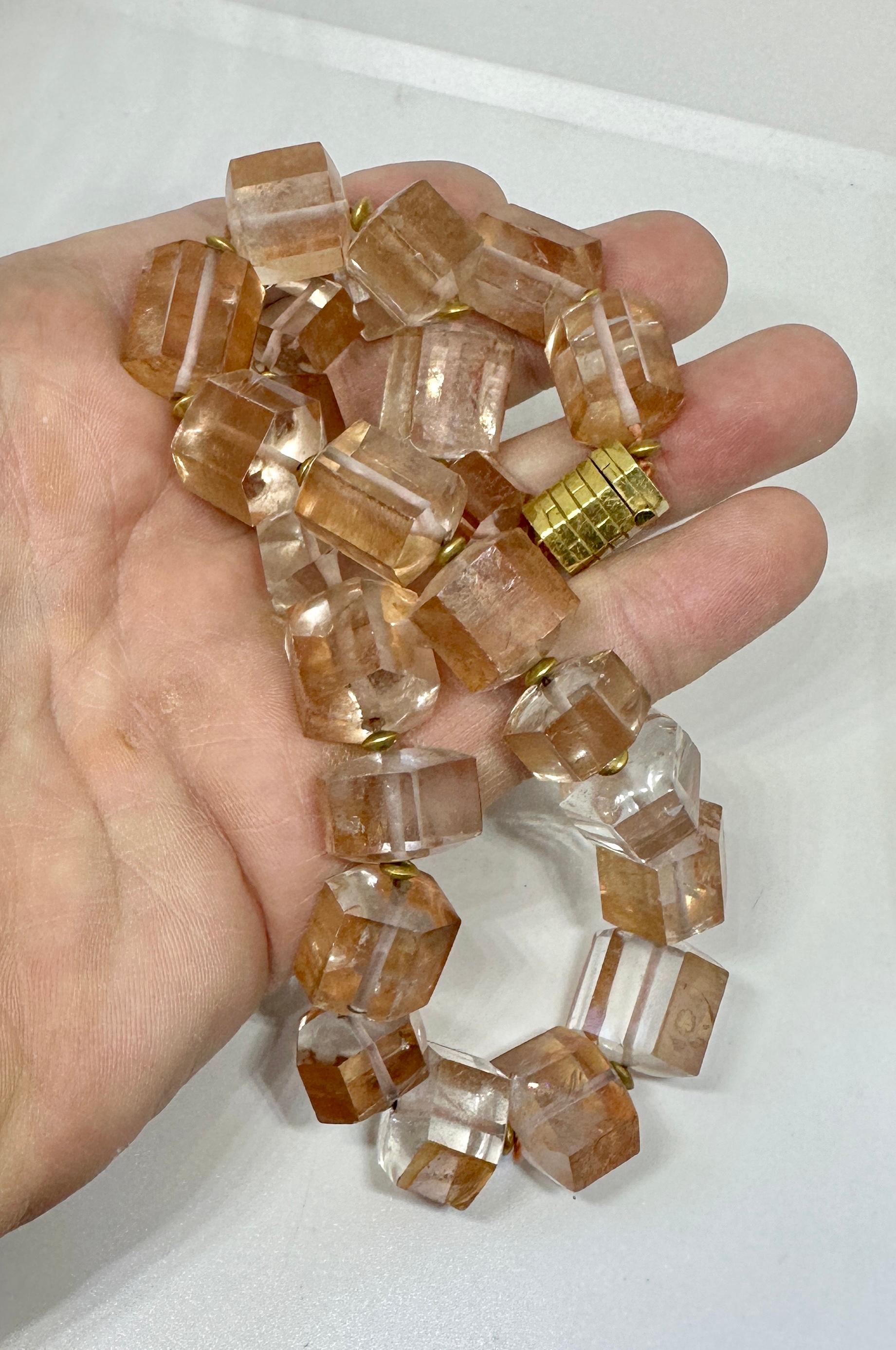 Peach Quartz Necklace 14 Karat Gold Monumental Gorgeous 18.5 Inches In Excellent Condition For Sale In New York, NY