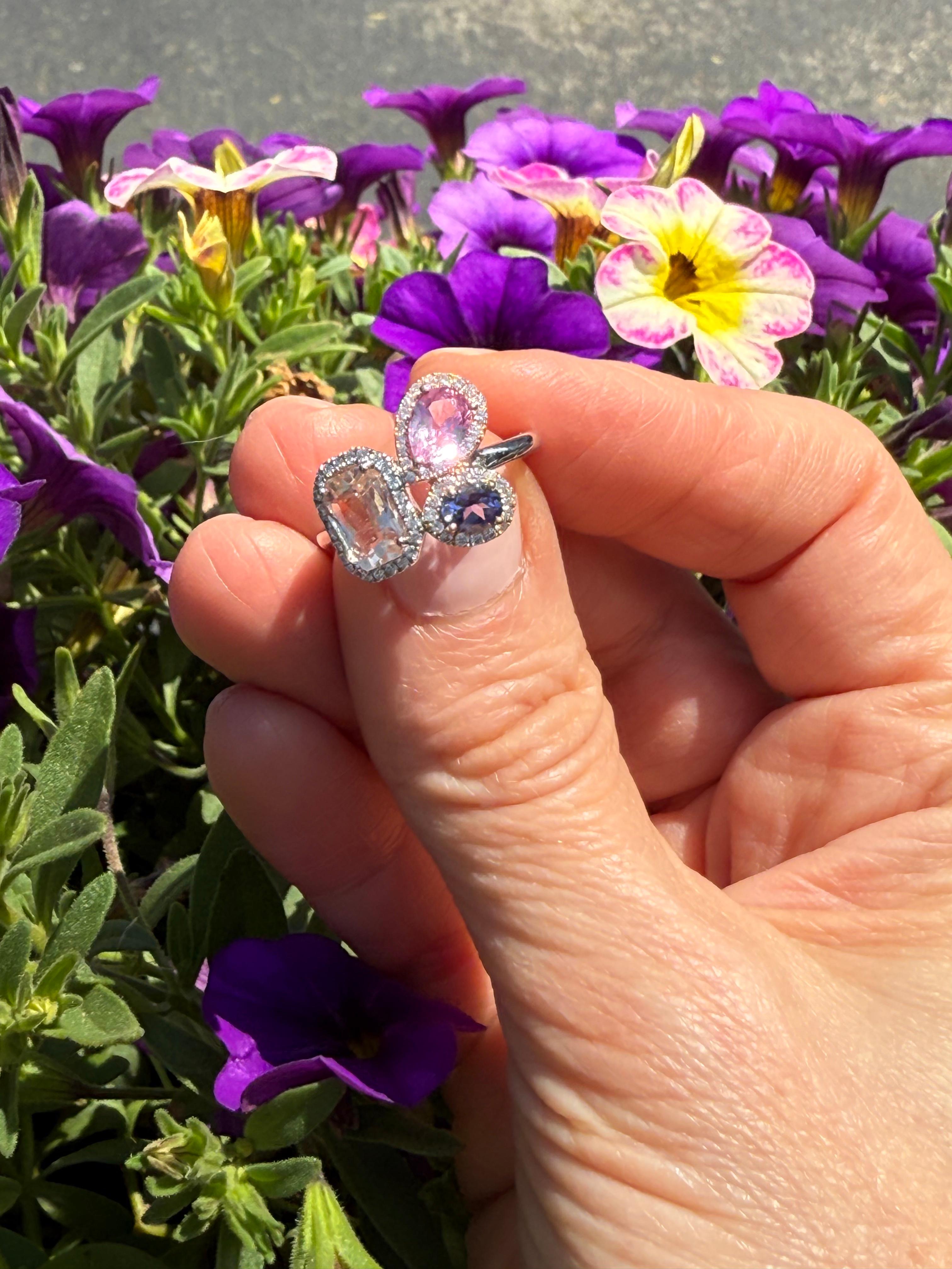 For Sale:  Peach Sapphire, Pink Sapphire & Tanzanite Cluster Ring in 18K White Gold 10
