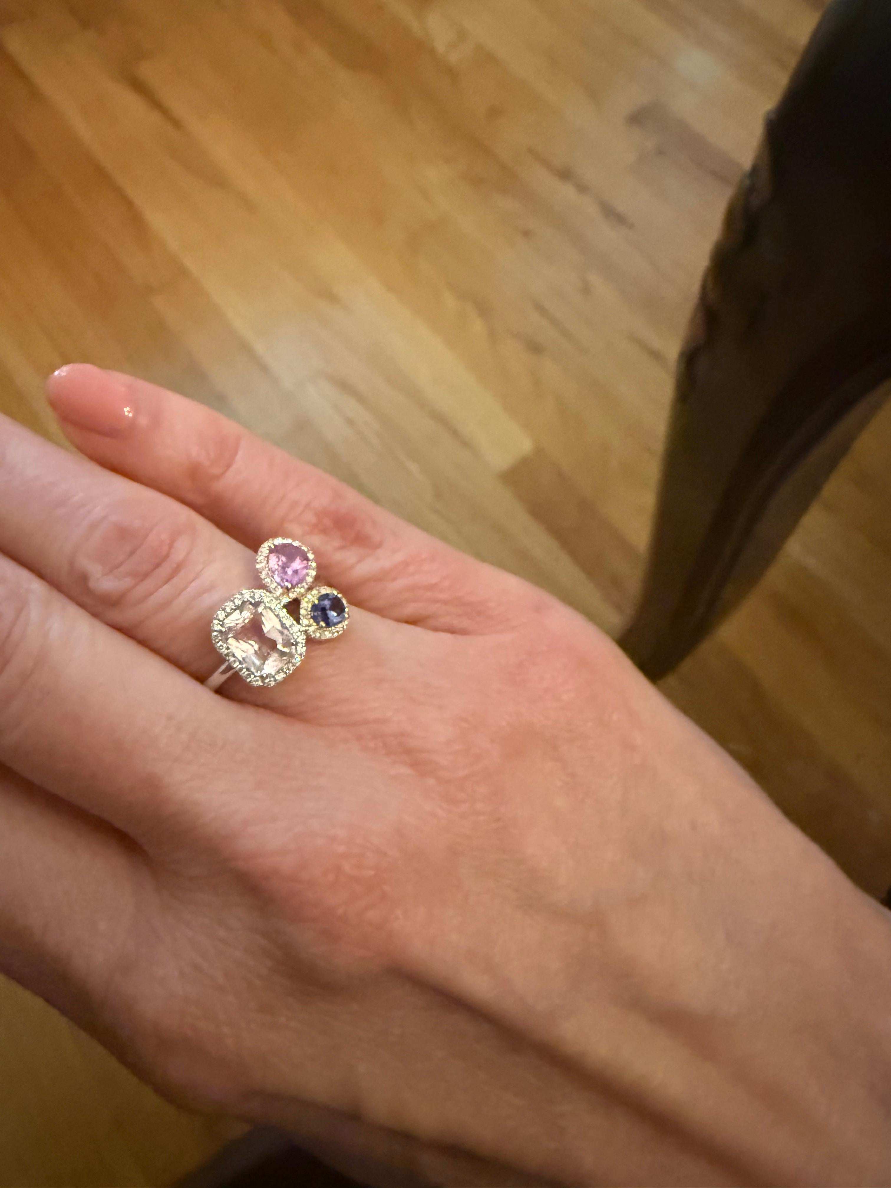 For Sale:  Peach Sapphire, Pink Sapphire & Tanzanite Cluster Ring in 18K White Gold 11