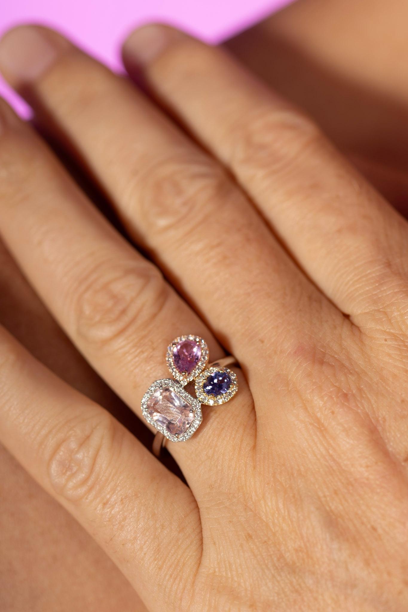 For Sale:  Peach Sapphire, Pink Sapphire & Tanzanite Cluster Ring in 18K White Gold 12