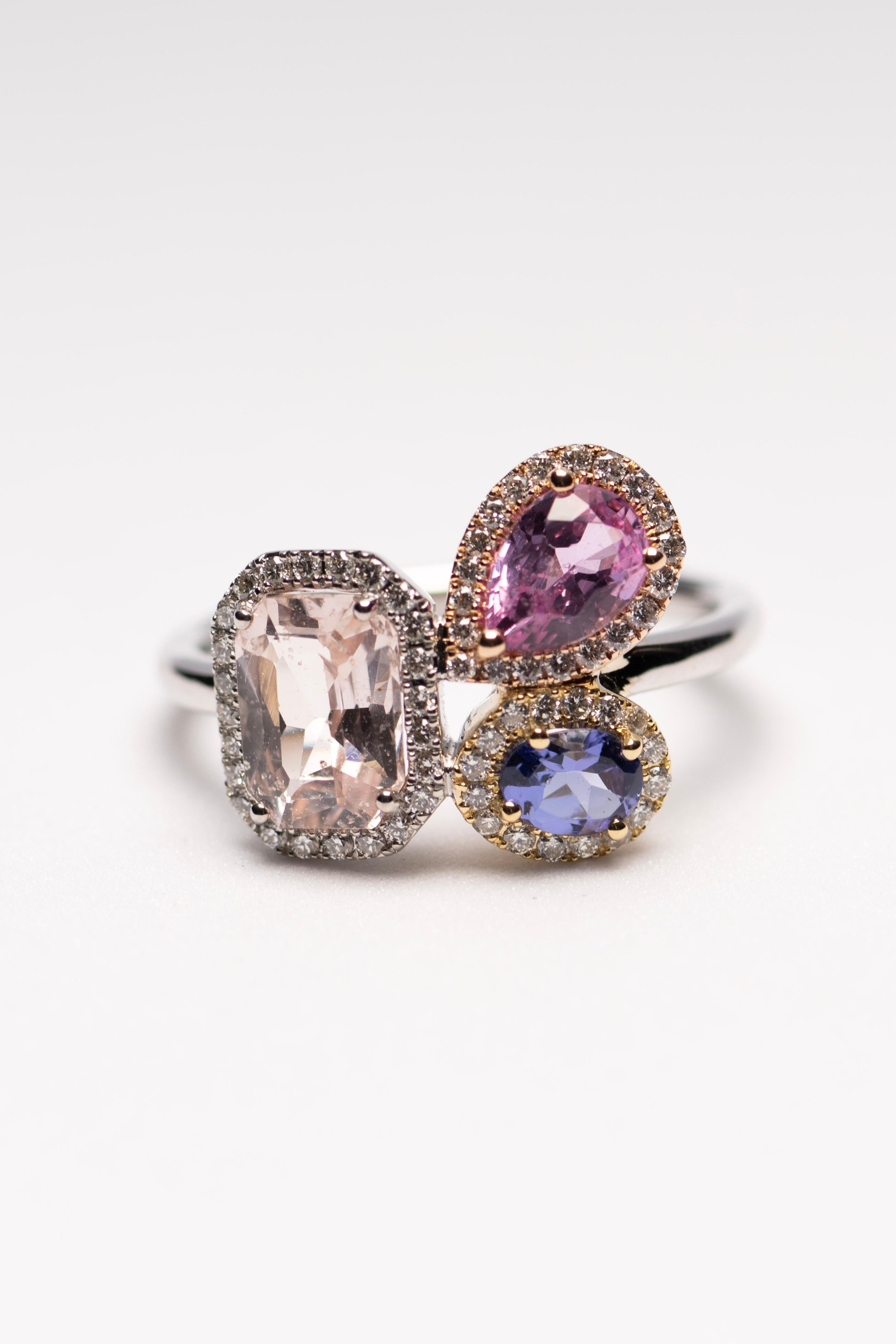 For Sale:  Peach Sapphire, Pink Sapphire & Tanzanite Cluster Ring in 18K White Gold 2