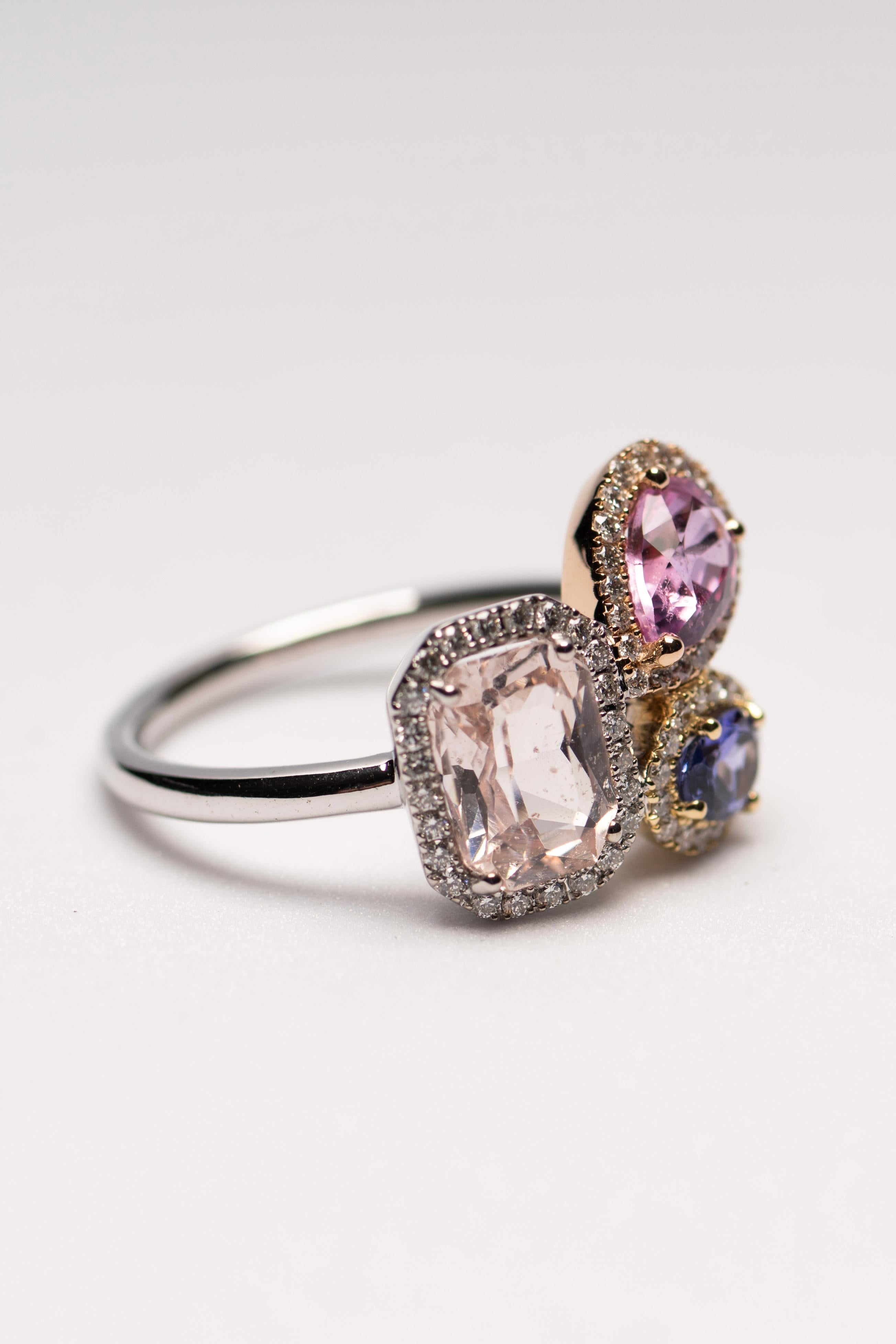 For Sale:  Peach Sapphire, Pink Sapphire & Tanzanite Cluster Ring in 18K White Gold 3