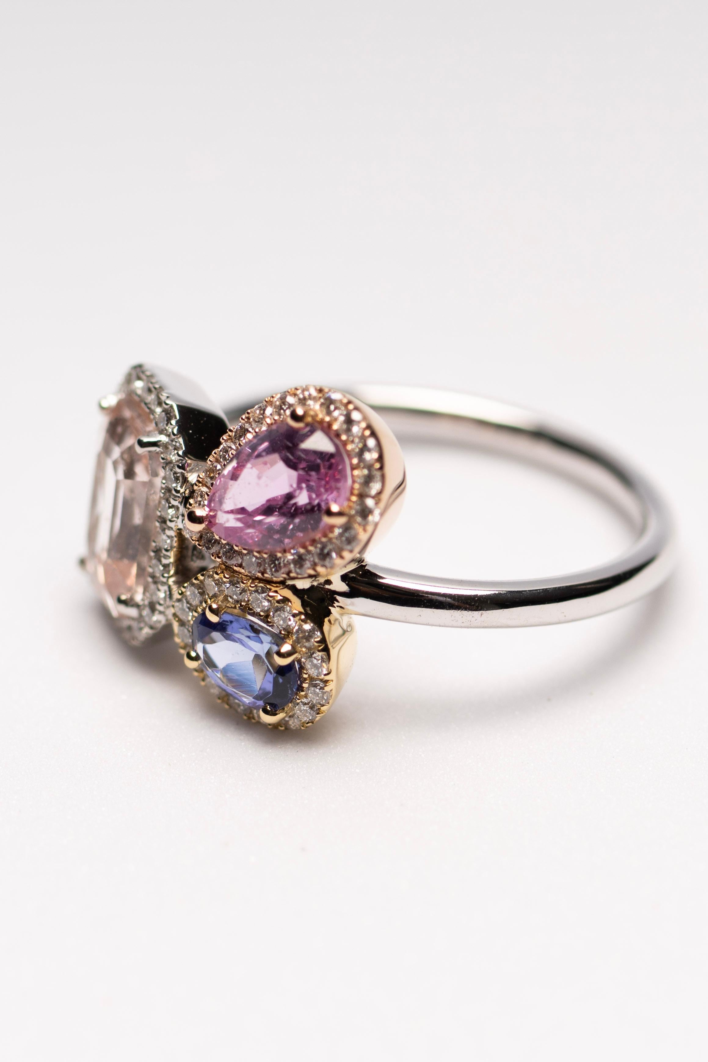 For Sale:  Peach Sapphire, Pink Sapphire & Tanzanite Cluster Ring in 18K White Gold 4