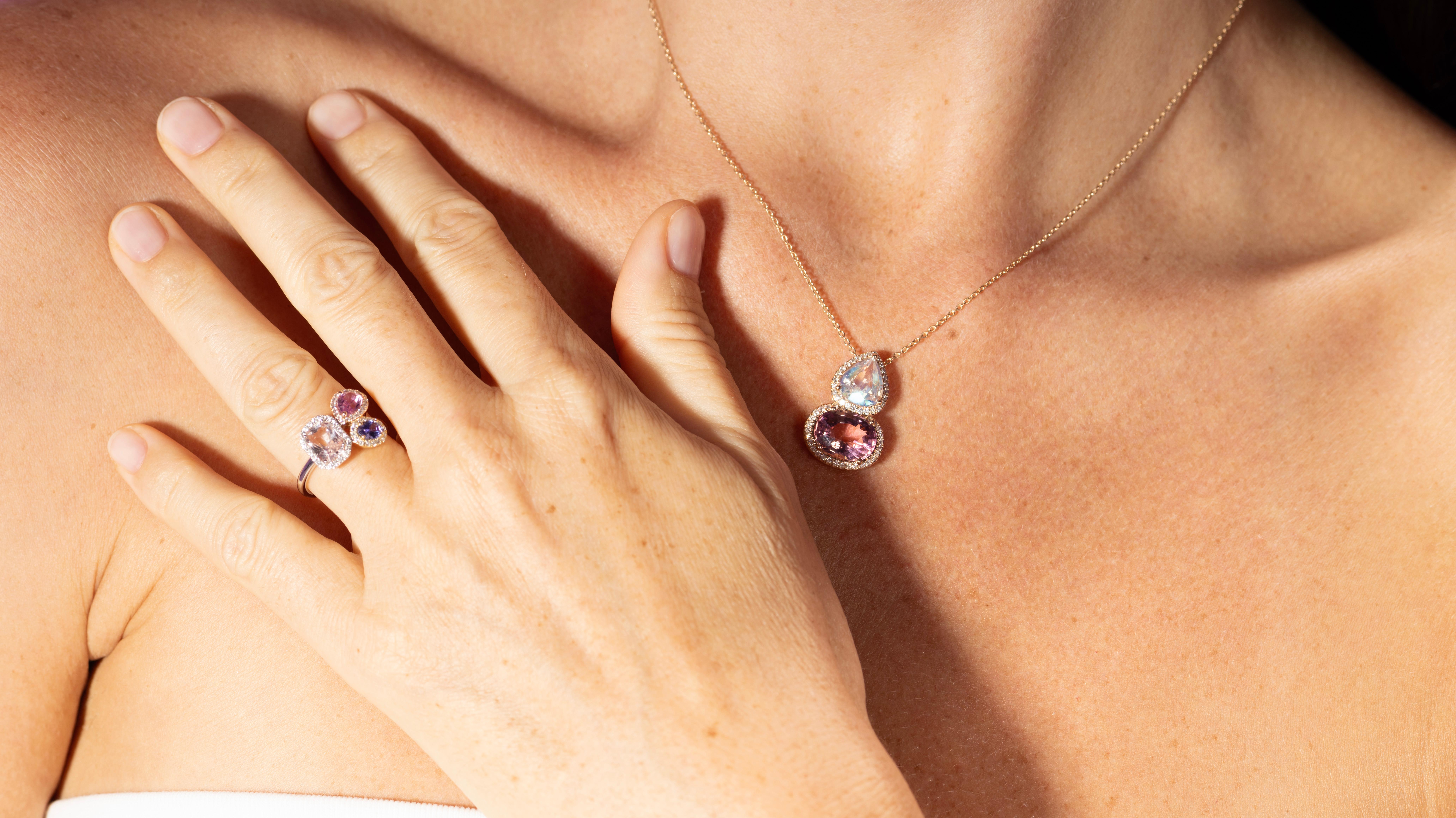 For Sale:  Peach Sapphire, Pink Sapphire & Tanzanite Cluster Ring in 18K White Gold 5