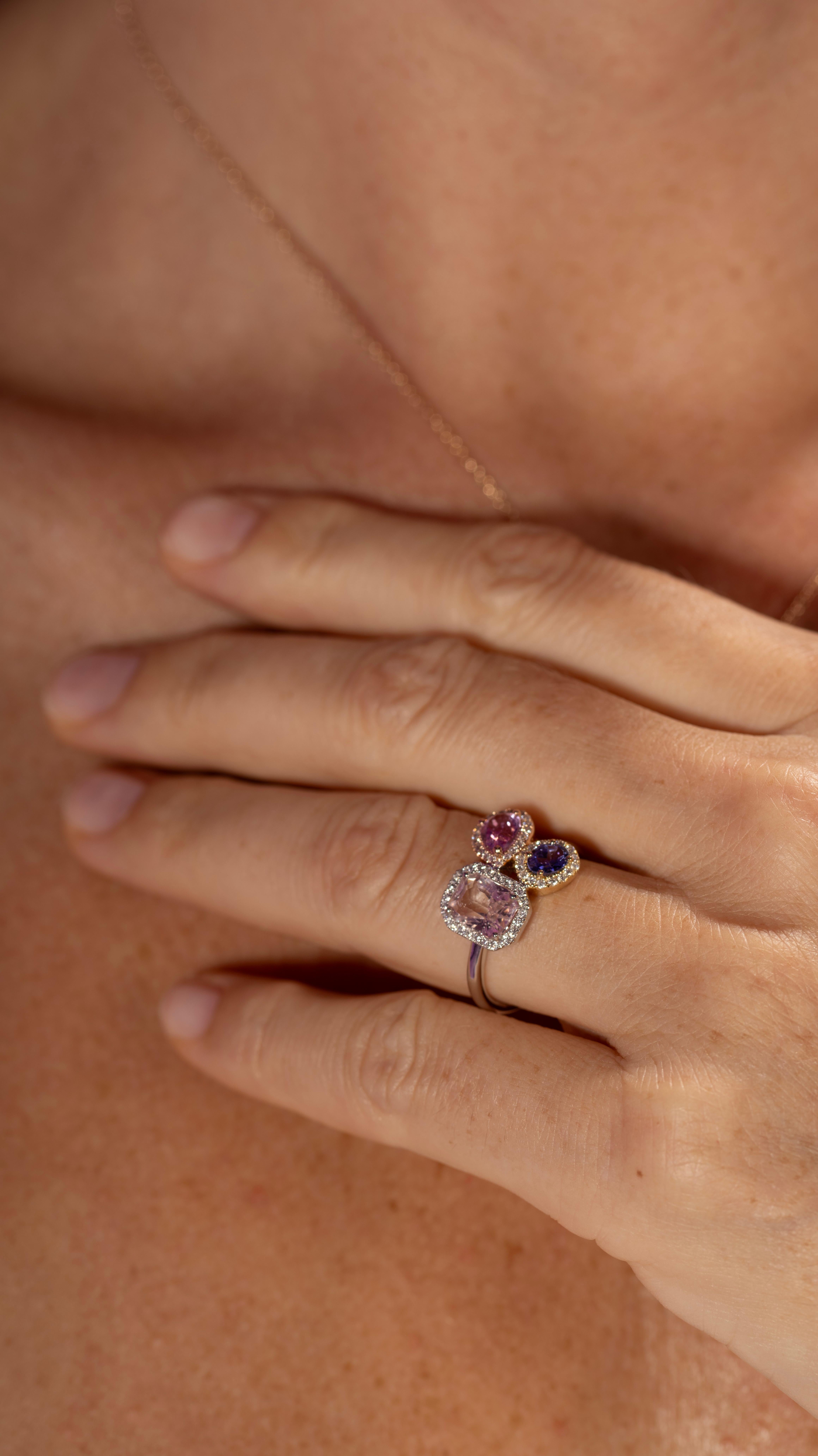 For Sale:  Peach Sapphire, Pink Sapphire & Tanzanite Cluster Ring in 18K White Gold 7