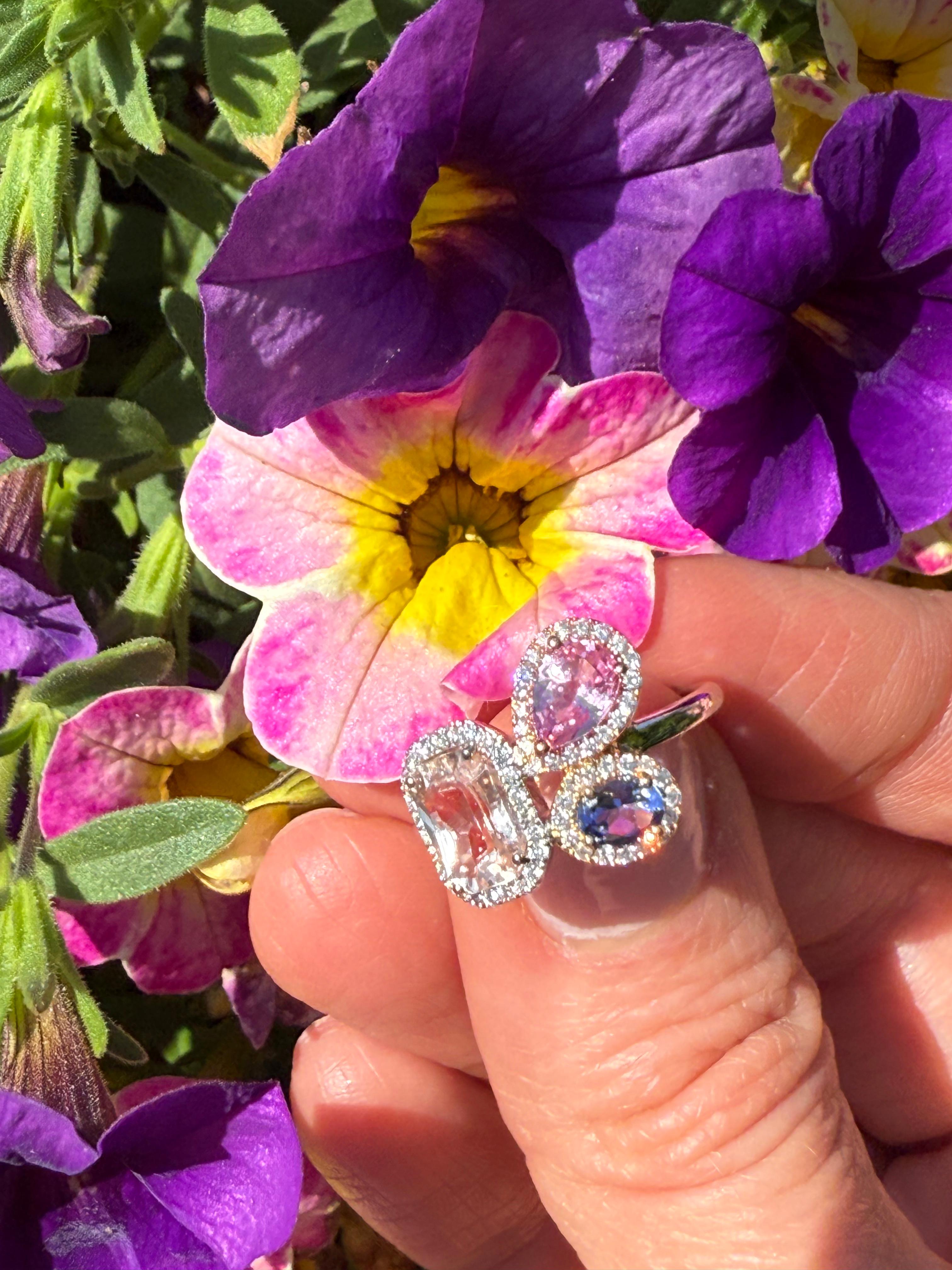 For Sale:  Peach Sapphire, Pink Sapphire & Tanzanite Cluster Ring in 18K White Gold 8