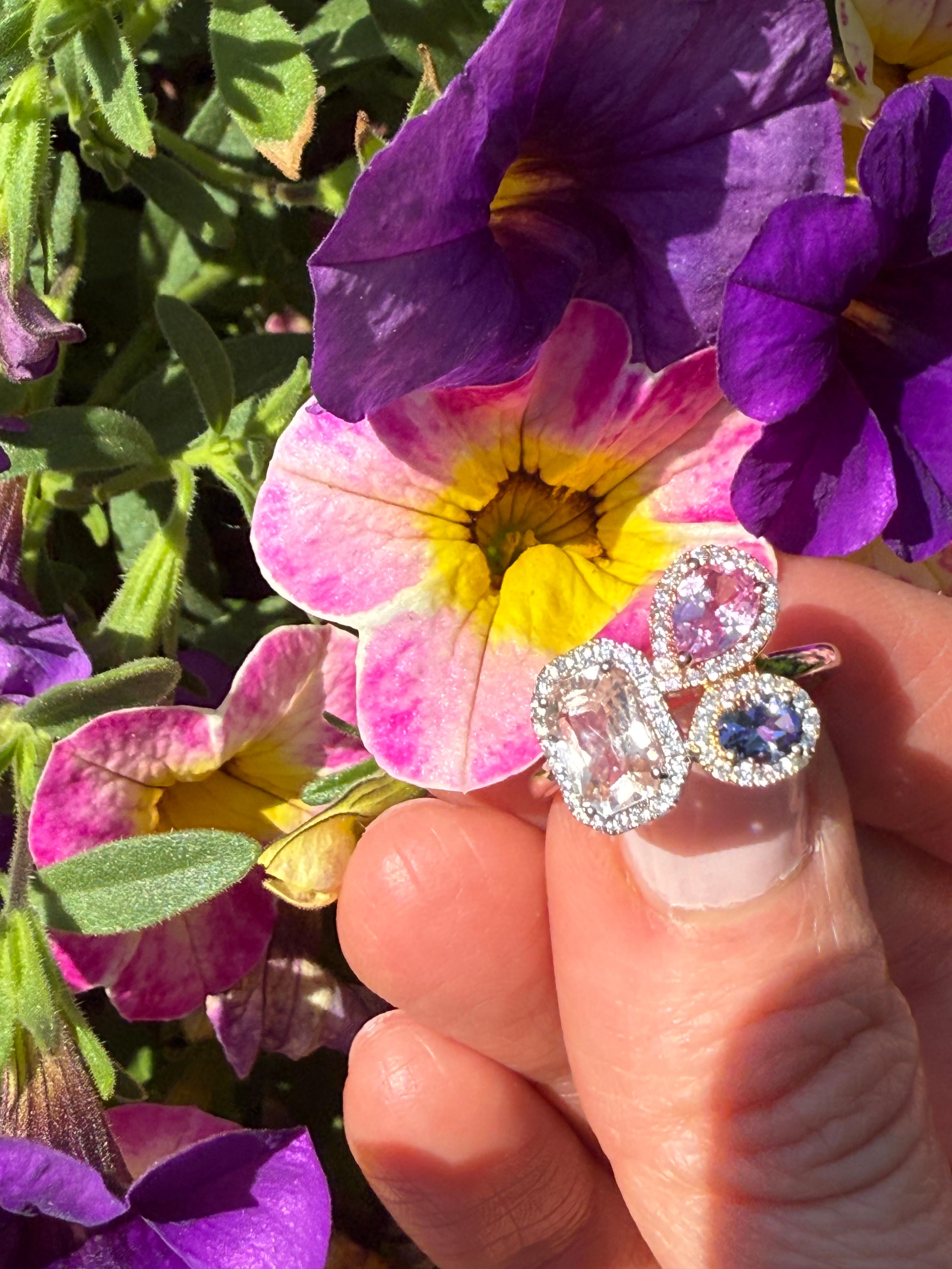 For Sale:  Peach Sapphire, Pink Sapphire & Tanzanite Cluster Ring in 18K White Gold 9