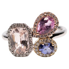 Peach Sapphire, Pink Sapphire & Tanzanite Cluster Ring in 18K White Gold