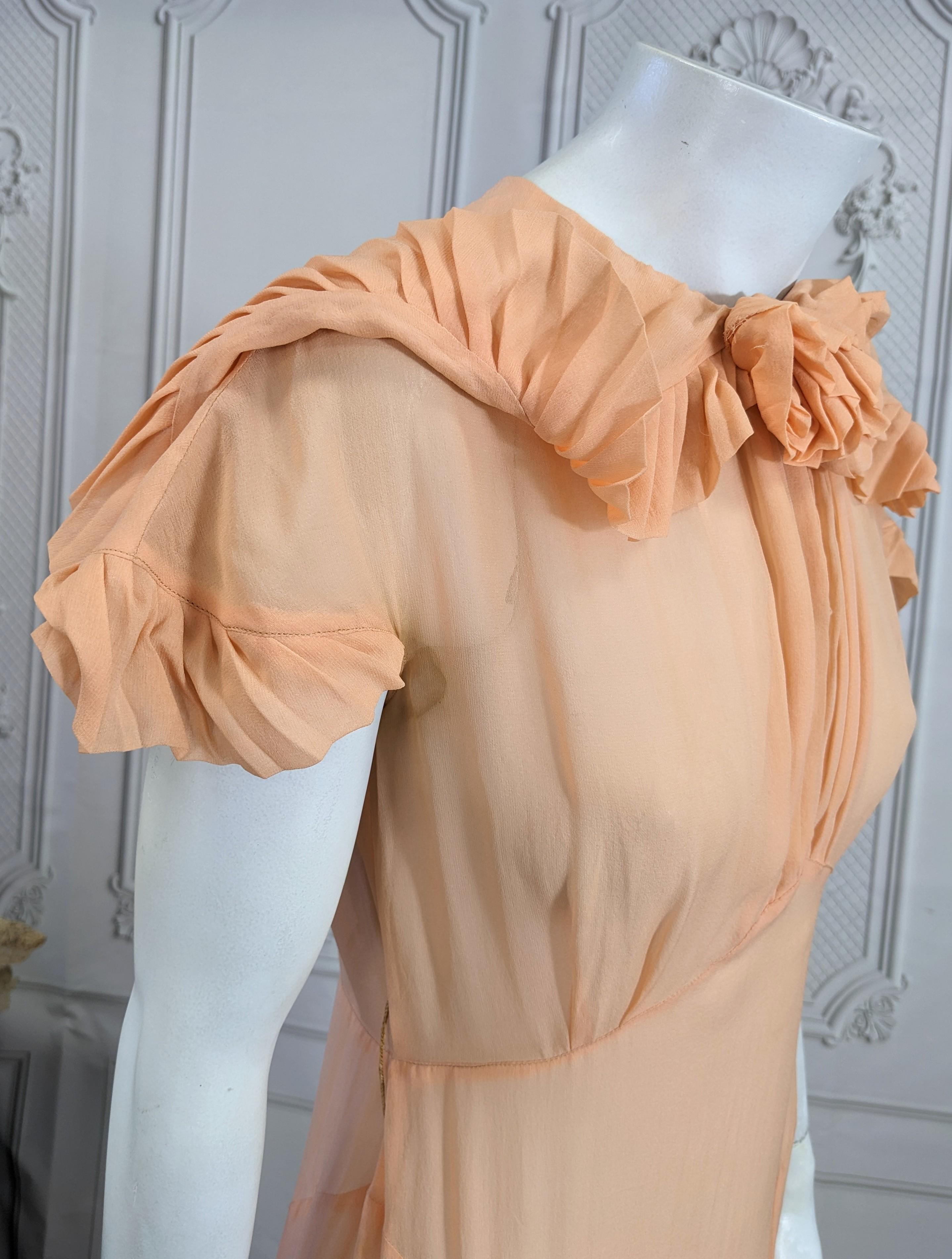 Peach Silk Chiffon Art Deco Pleated Edge Trimmed Gown For Sale 5