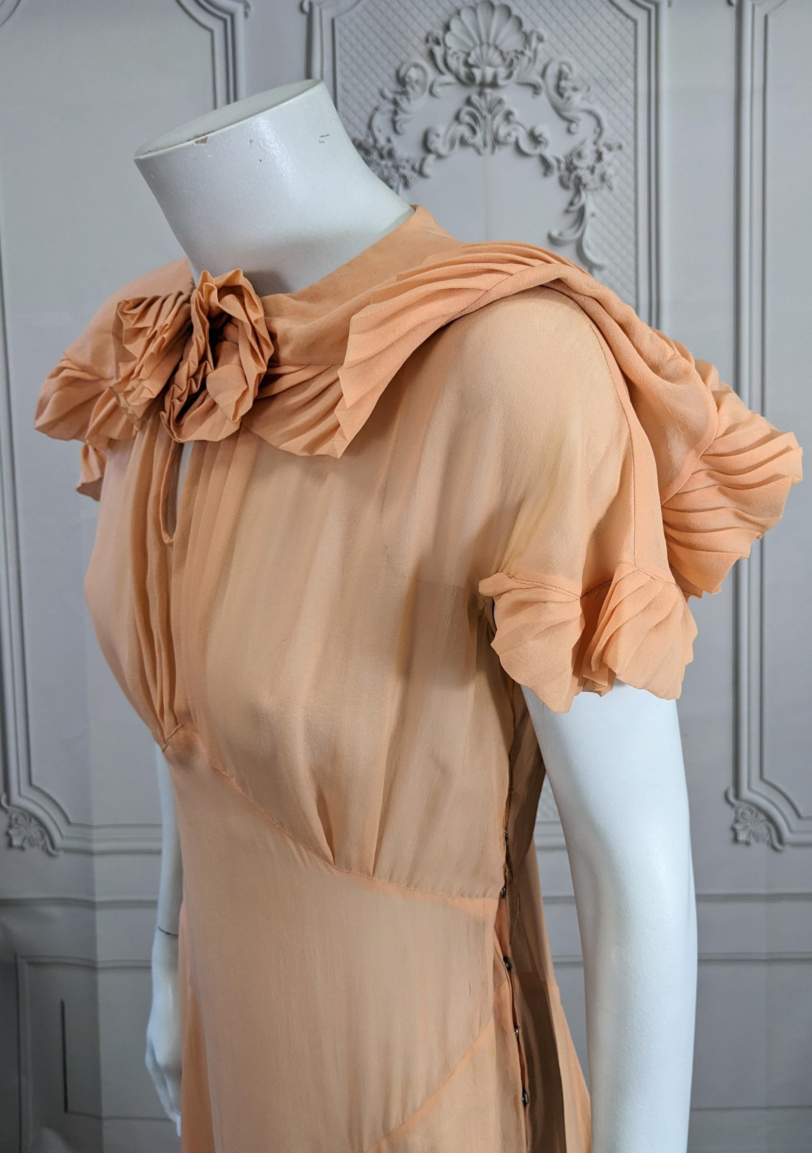 Peach Silk Chiffon Art Deco Pleated Edge Trimmed Gown For Sale 6