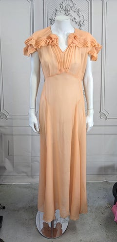 Peach Silk Chiffon Art Deco Pleated Edge Trimmed Gown